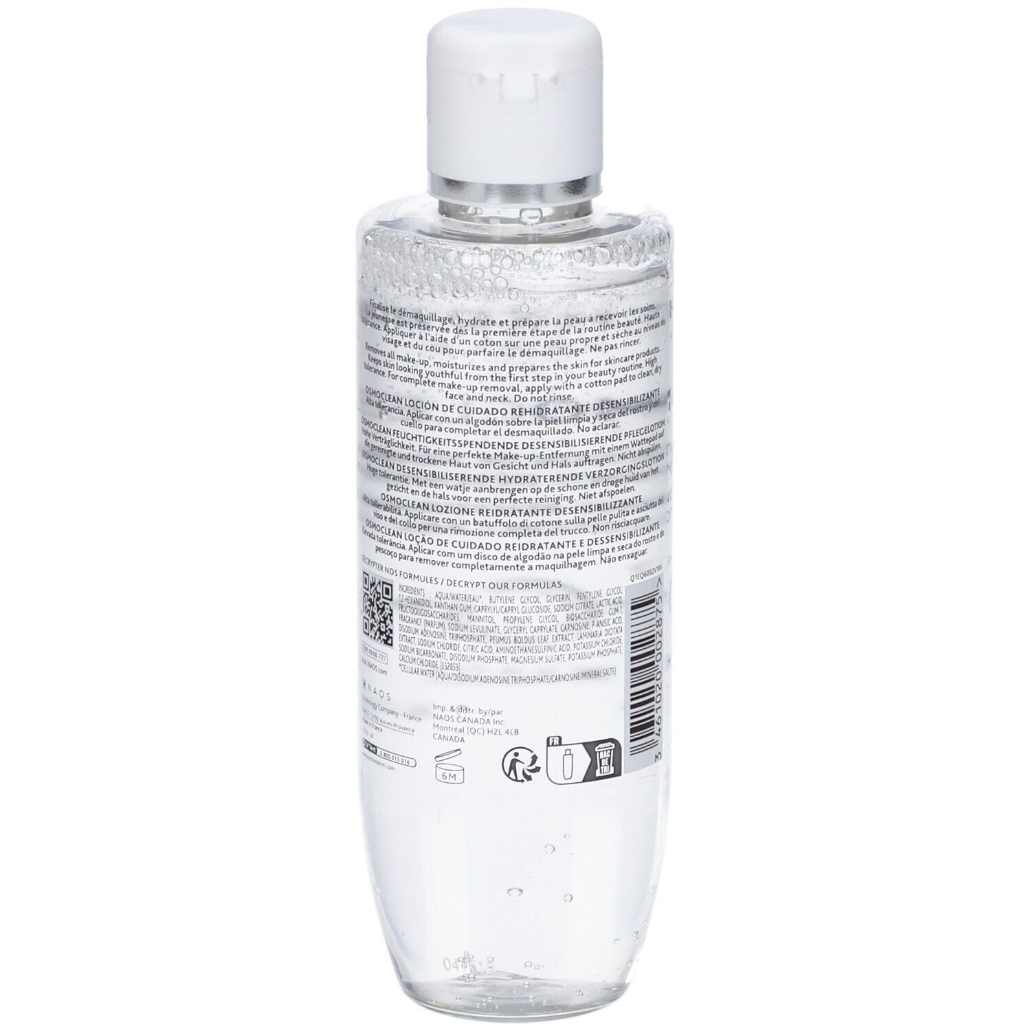 Retro di un flacone trasparente con tappo bianco. Testo sull'etichetta. Informazioni sul prodotto e codice QR.