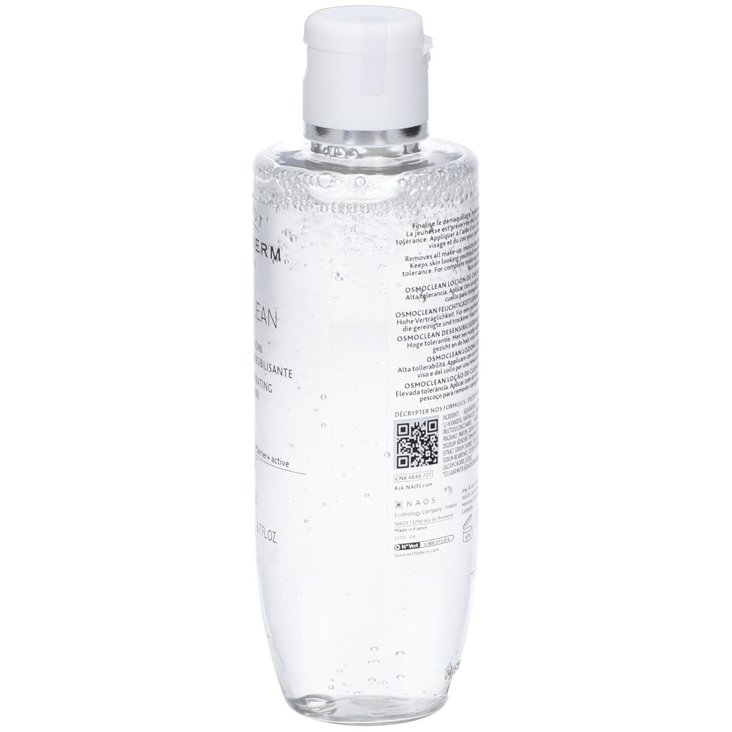 Flacone cilindrico trasparente con tappo bianco. Scritte: Institut Esthederm Paris, Osmoclean, Lotion de soin.