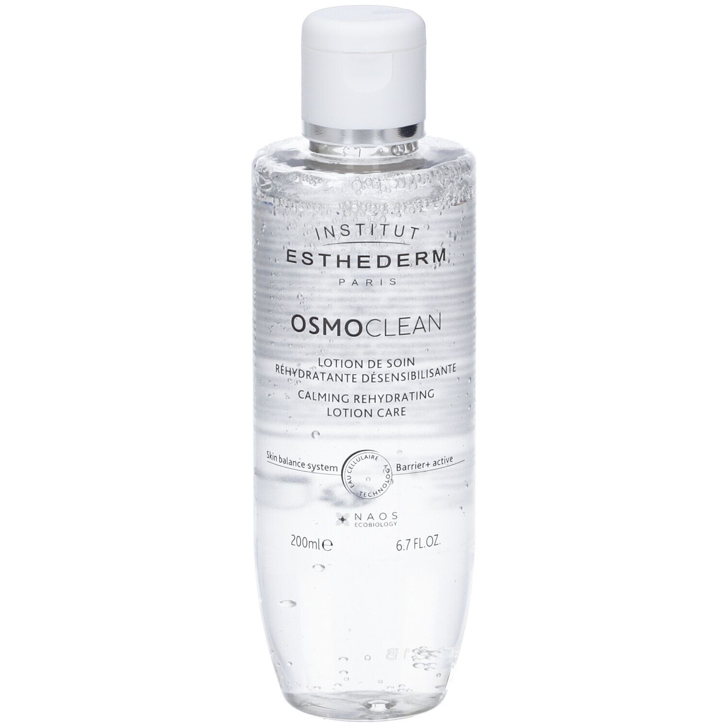 Flacone cilindrico trasparente con tappo bianco. Scritte: Institut Esthederm Paris, Osmoclean, Lotion de soin.