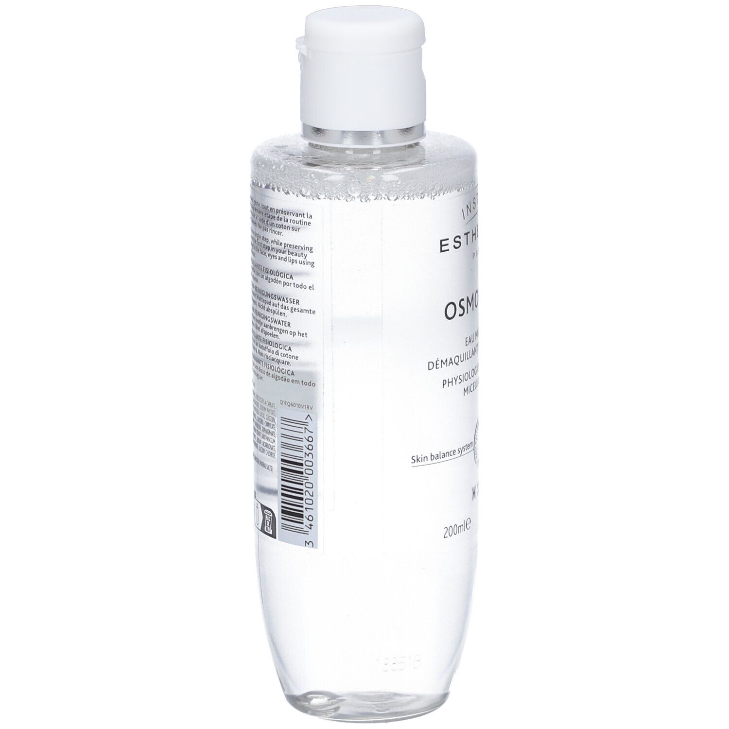 Retro del flacone. Testo multilingue. Codice a barre. Flacone con tappo bianco. 200ml.