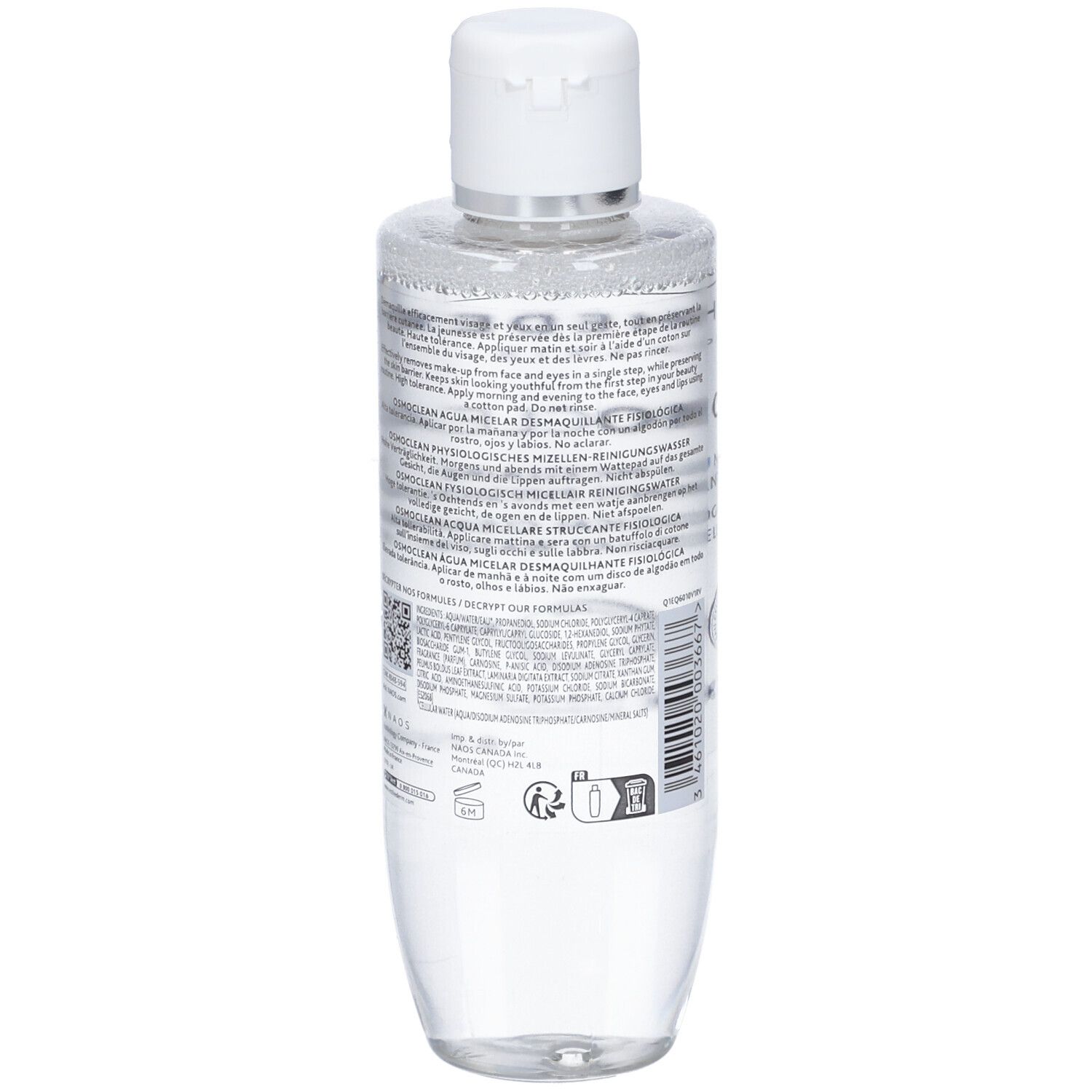 Retro del flacone. Testo multilingue. Simboli. Flacone con tappo bianco. 200ml.