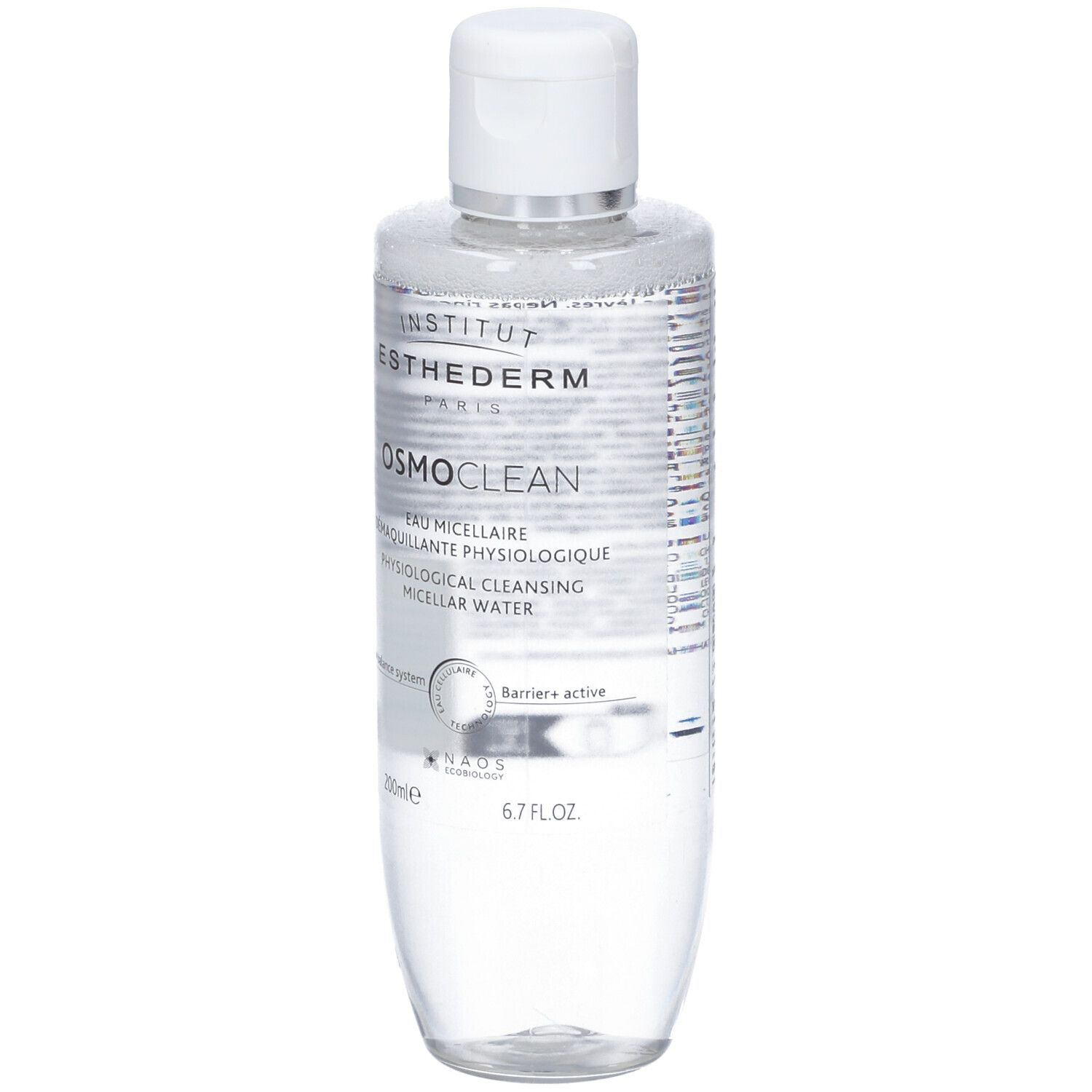 Flacone trasparente con tappo bianco. Scritta: INSTITUT ESTHEDERM PARIS, OSMOCLEAN, EAU MICELLAIRE. 200ml, 6.7 FL.OZ.