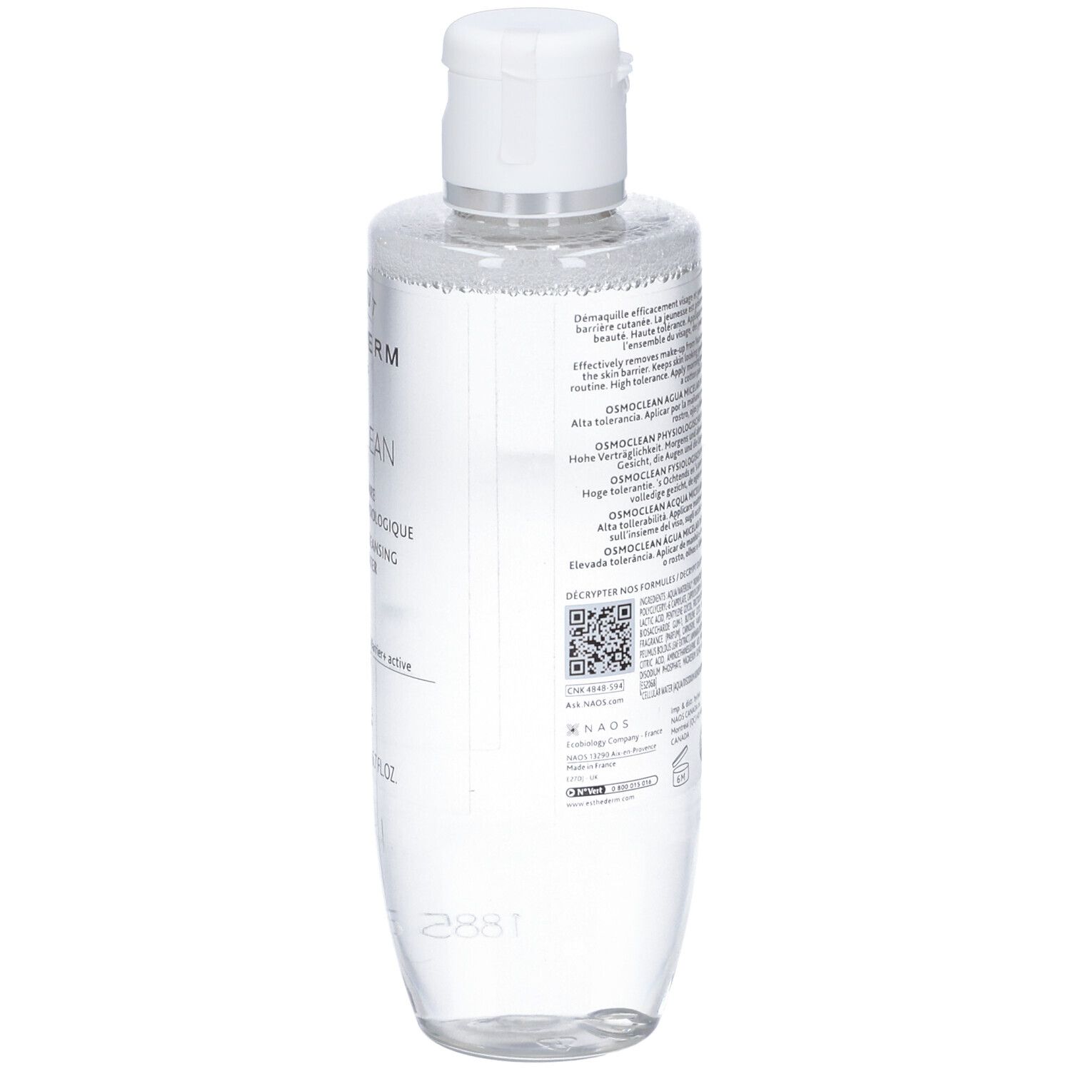 Retro del flacone. Testo multilingue. Codice QR. Flacone con tappo bianco. 200ml.