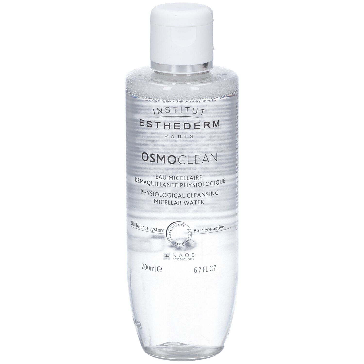 Flacone trasparente con tappo bianco. Scritta: INSTITUT ESTHEDERM PARIS, OSMOCLEAN, EAU MICELLAIRE. 200ml, 6.7 FL.OZ.