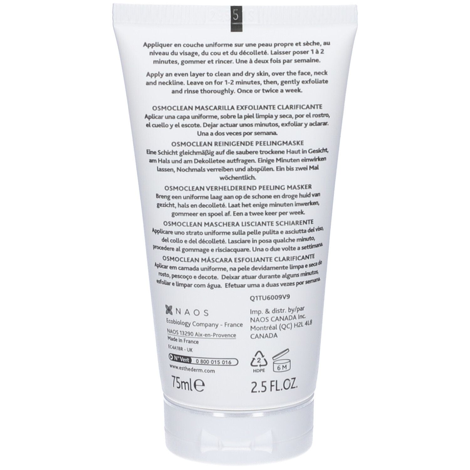 Retro del tubo. Testo multilingue. Contiene informazioni sull'uso e gli ingredienti. 75ml e 2.5 FL.OZ. indicati.