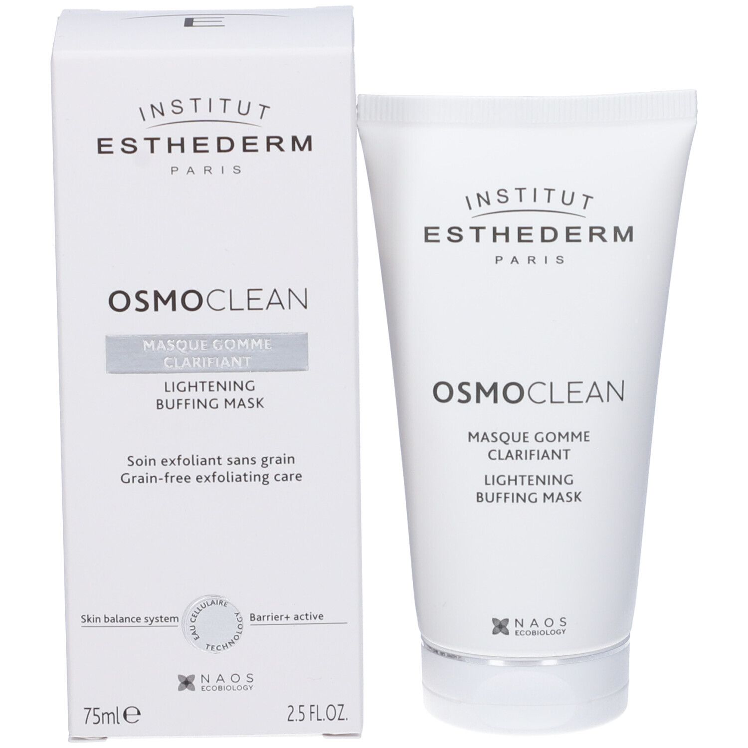Prodotto e confezione. Tubo e scatola bianchi con testo nero. Scritta: Institut Esthederm, Osmoclean, Masque Gomme Clarifiant.