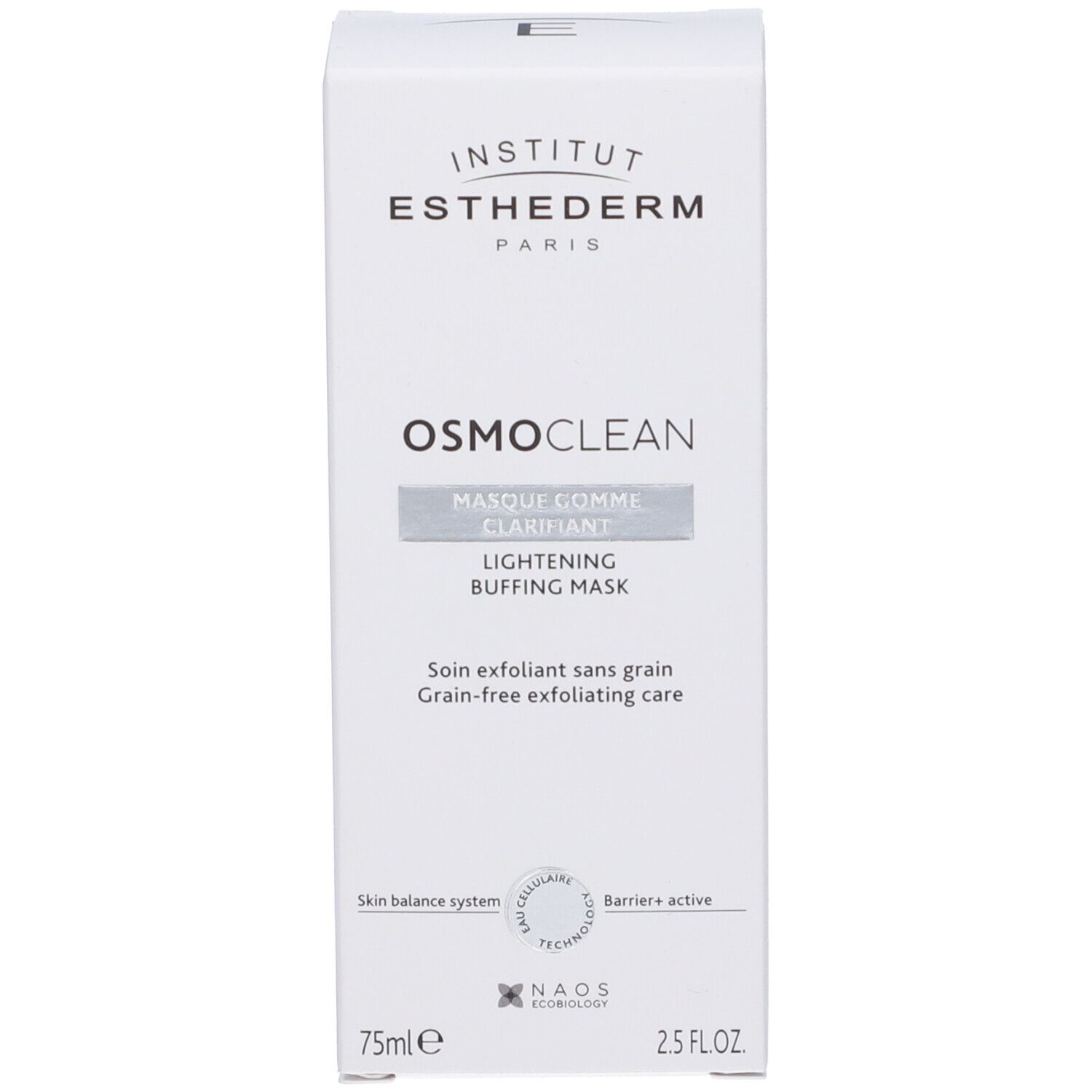 Scatola bianca con testo nero. Scritta: Institut Esthederm, Osmoclean, Masque Gomme Clarifiant, Lightening Buffing Mask. 75ml e 2.5 FL.OZ.