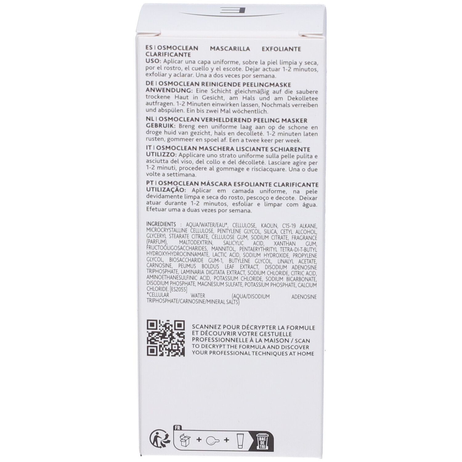 Retro della scatola. Testo multilingue. Istruzioni per l'uso e ingredienti. Codice QR da scansionare.