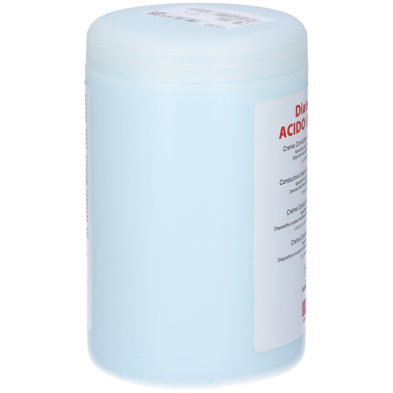 Barattolo azzurro, vista laterale. Etichetta con testo parzialmente visibile.