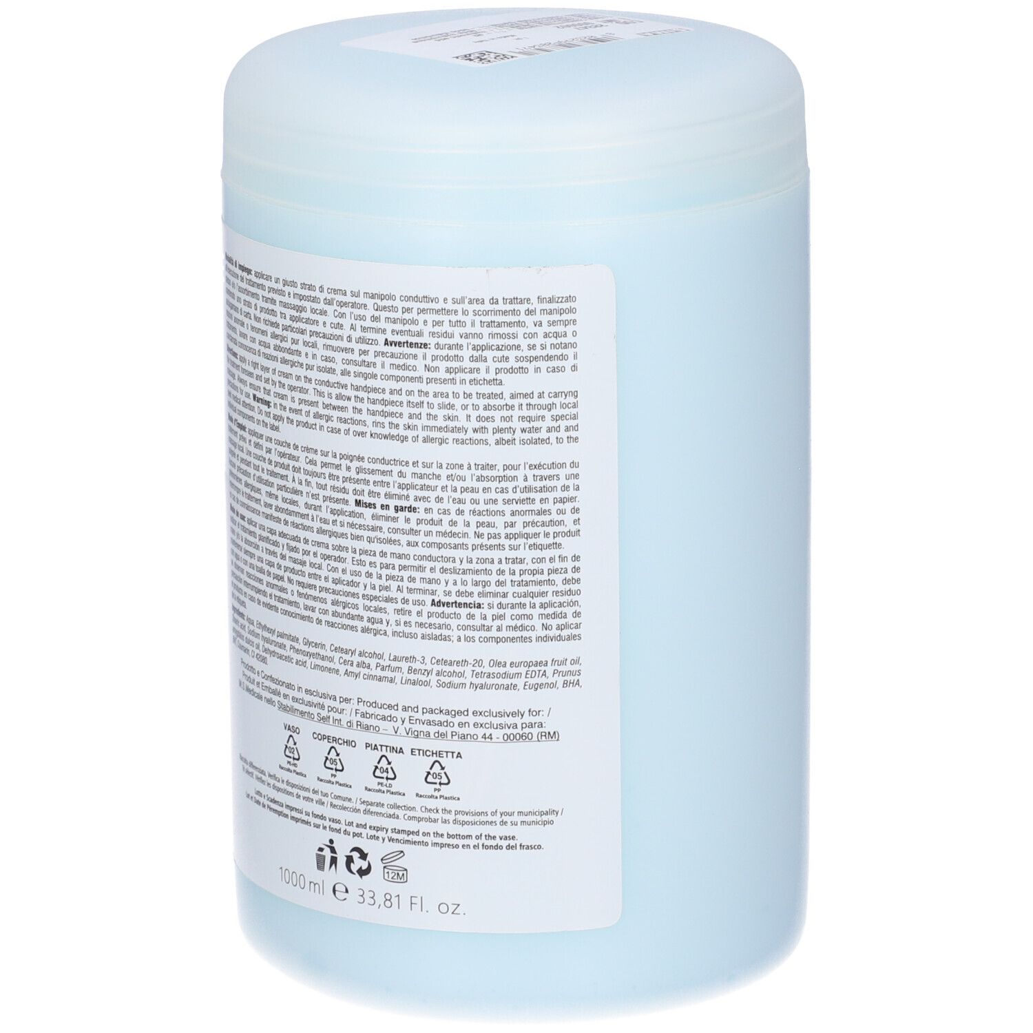 Barattolo azzurro, retro con testo. Informazioni sugli ingredienti e il produttore.