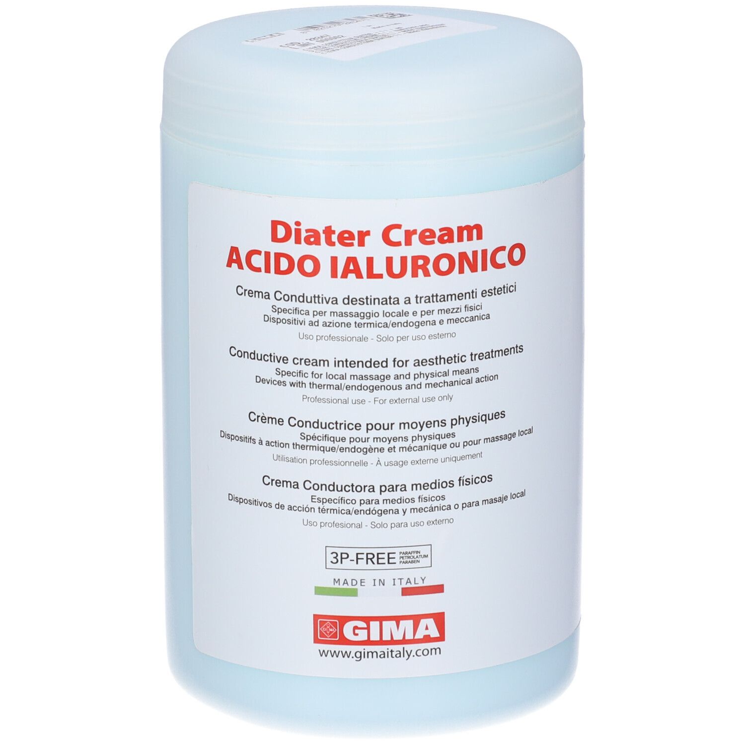 Barattolo blu e bianco con scritta "Diater Cream Acido Ialuronico". Logo Gima e testo multilingue.