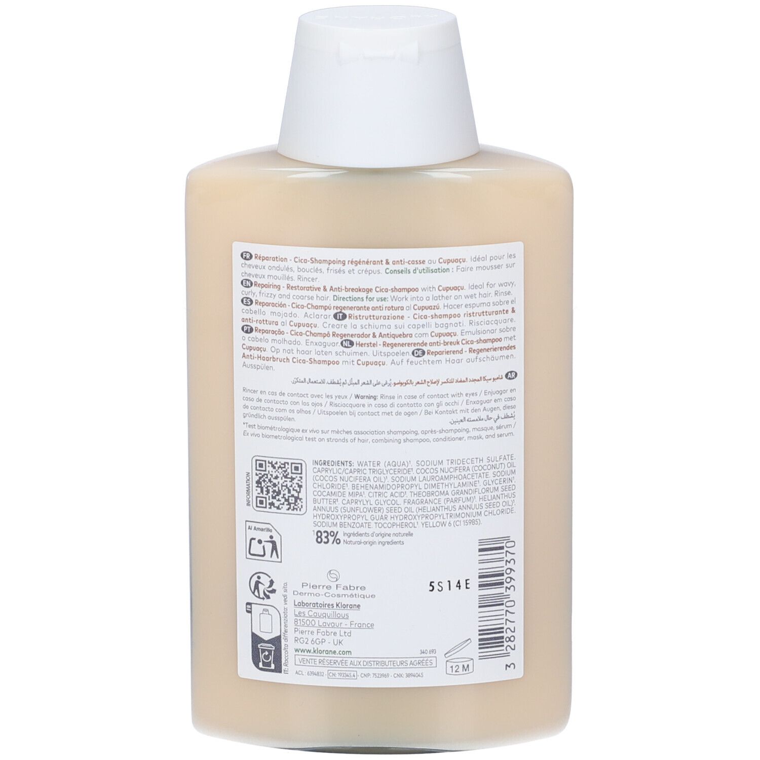 Retro del flacone di shampoo Klorane Cica. Testo con ingredienti, codice QR e simboli di riciclo.