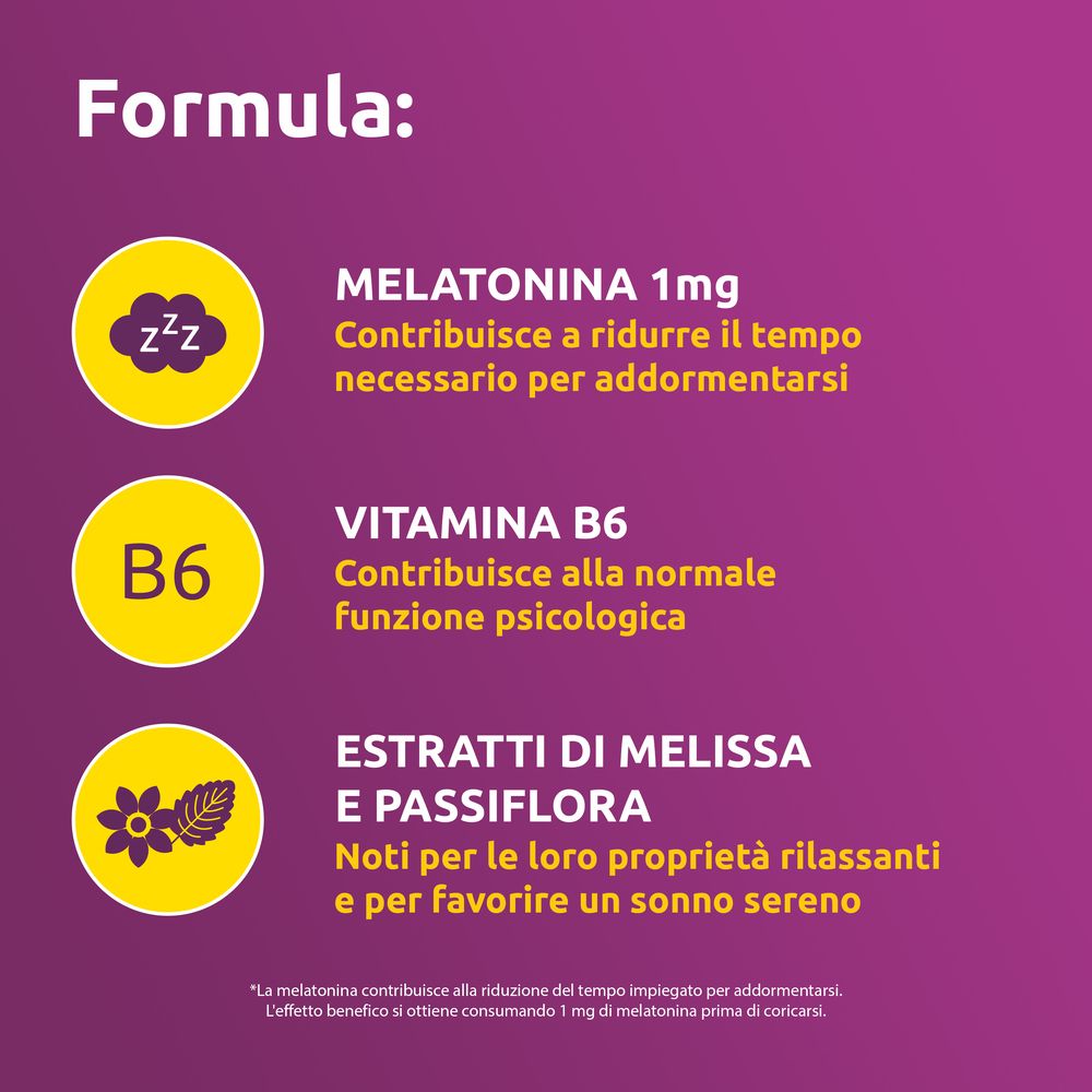 Formula: Melatonina 1mg, Vitamina B6, estratti di Melissa e Passiflora.