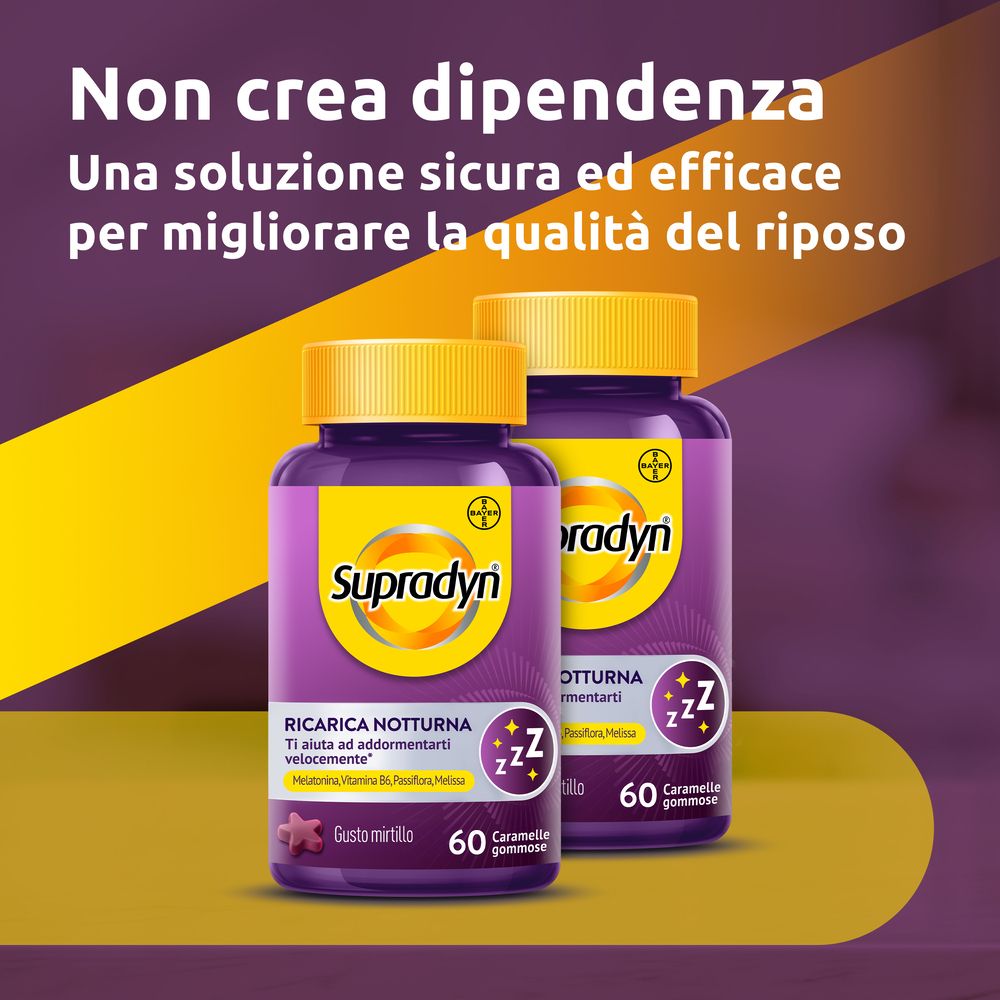 Due flaconi di Supradyn Ricarica Notturna, caramelle gommose gusto mirtillo.