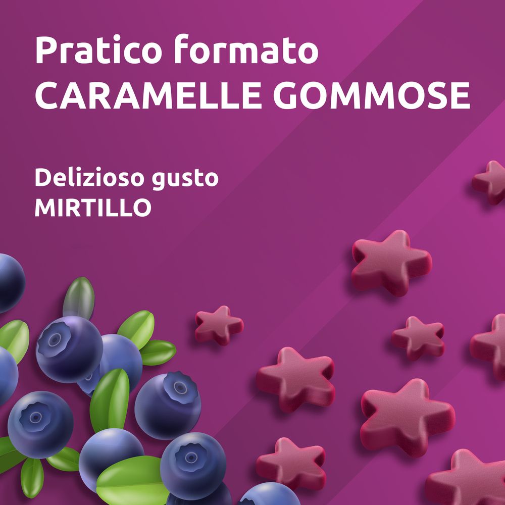 Pratico formato: caramelle gommose gusto mirtillo.