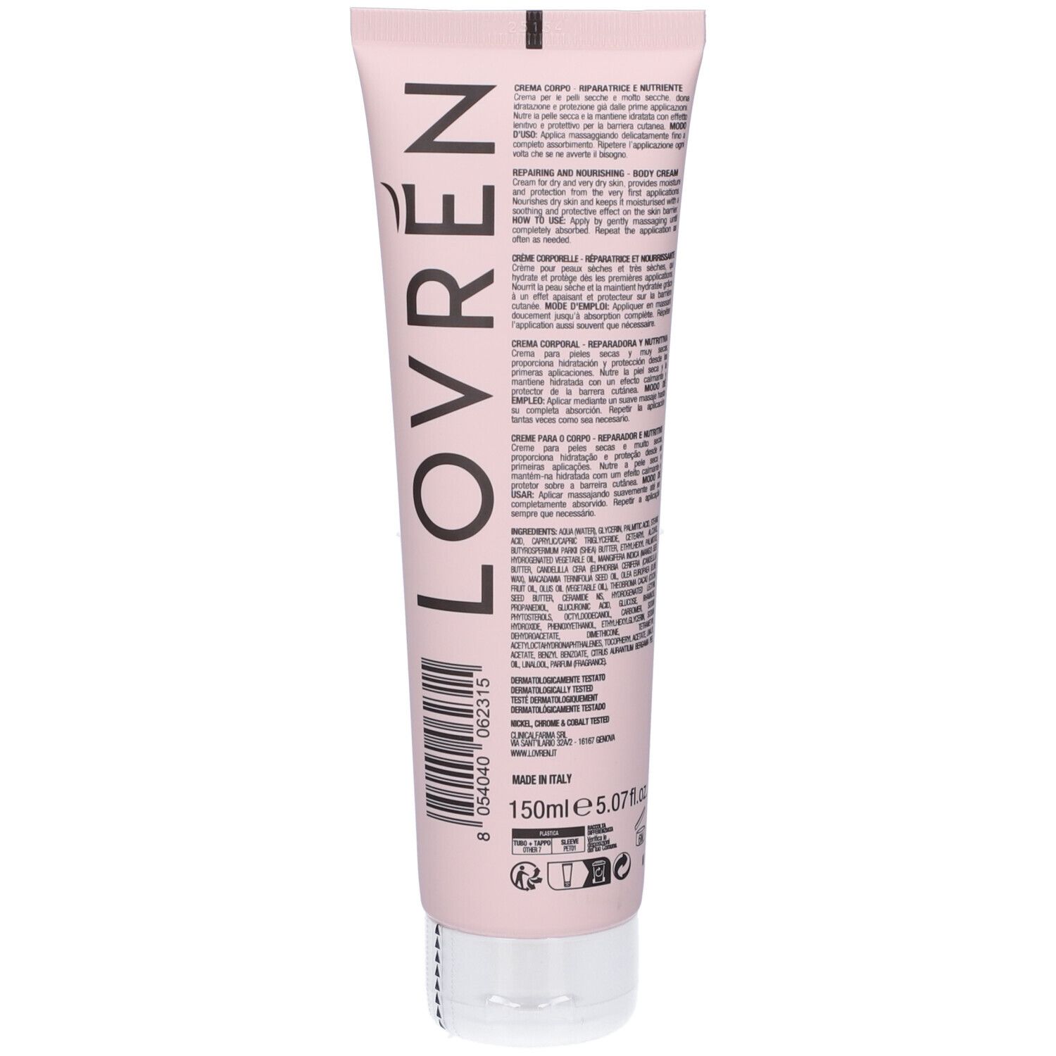 Retro di un tubo rosa. Scritta: Lovren, testo, codice a barre, 150ml e 5.07 fl.oz. Prodotto in Italia.