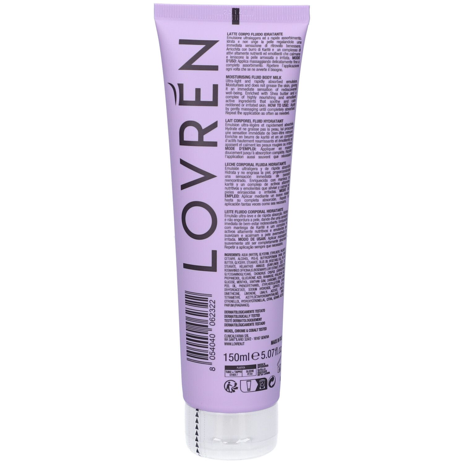 Tubo lilla con tappo bianco. Scritta: Lovren. Testo e codice a barre. Volume: 150ml.