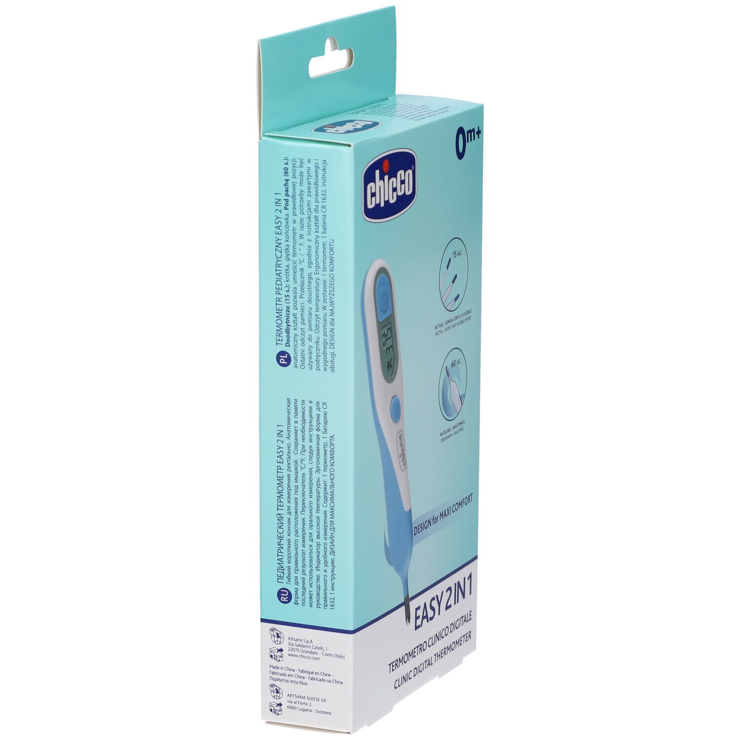 Lato della confezione del termometro digitale Chicco Easy 2In1 con testo e illustrazione del prodotto.