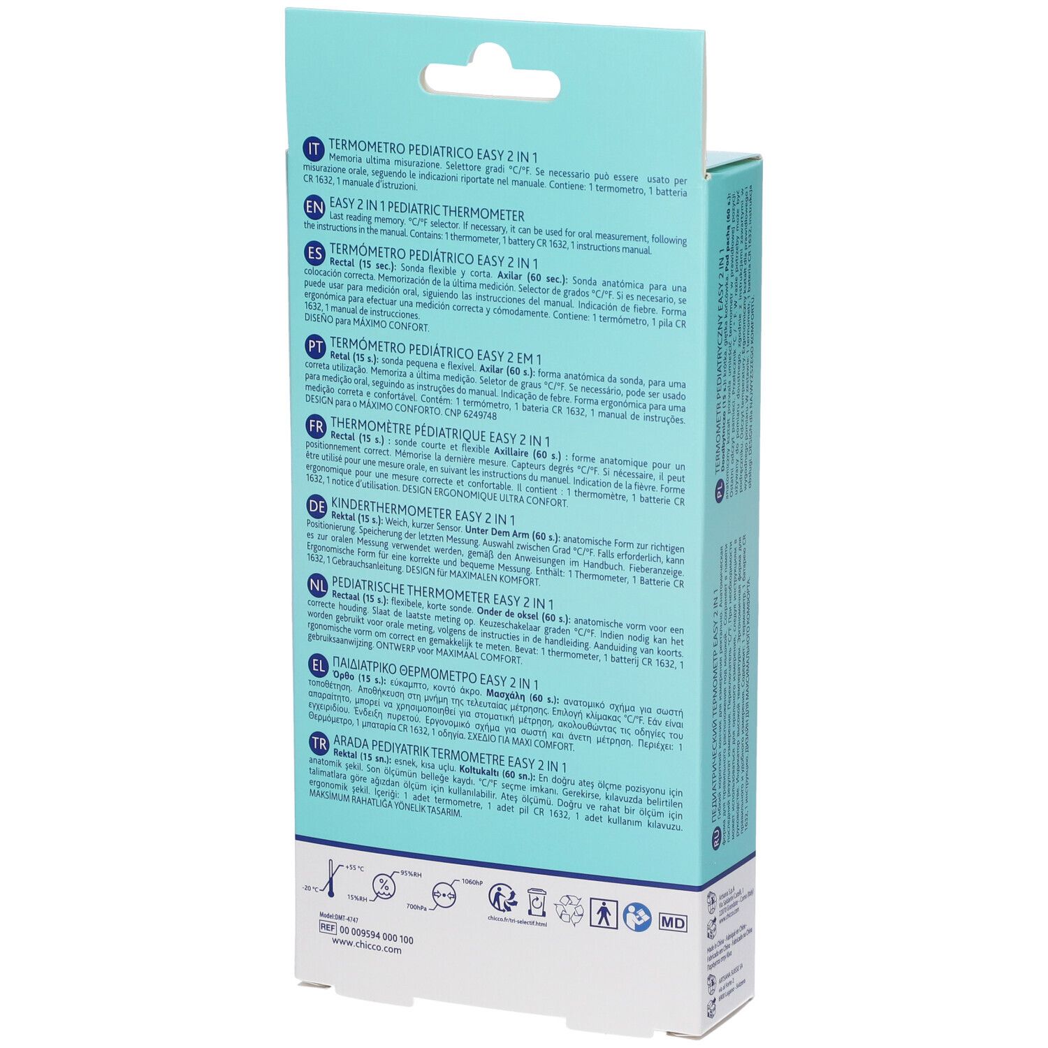 Retro della confezione del termometro digitale Chicco Easy 2In1 con informazioni multilingue.