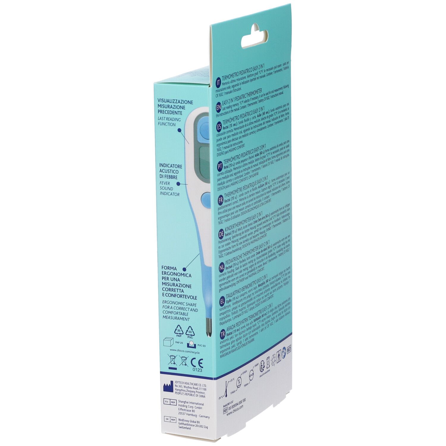 Lato della confezione del termometro digitale Chicco Easy 2In1 con testo e illustrazione del prodotto.