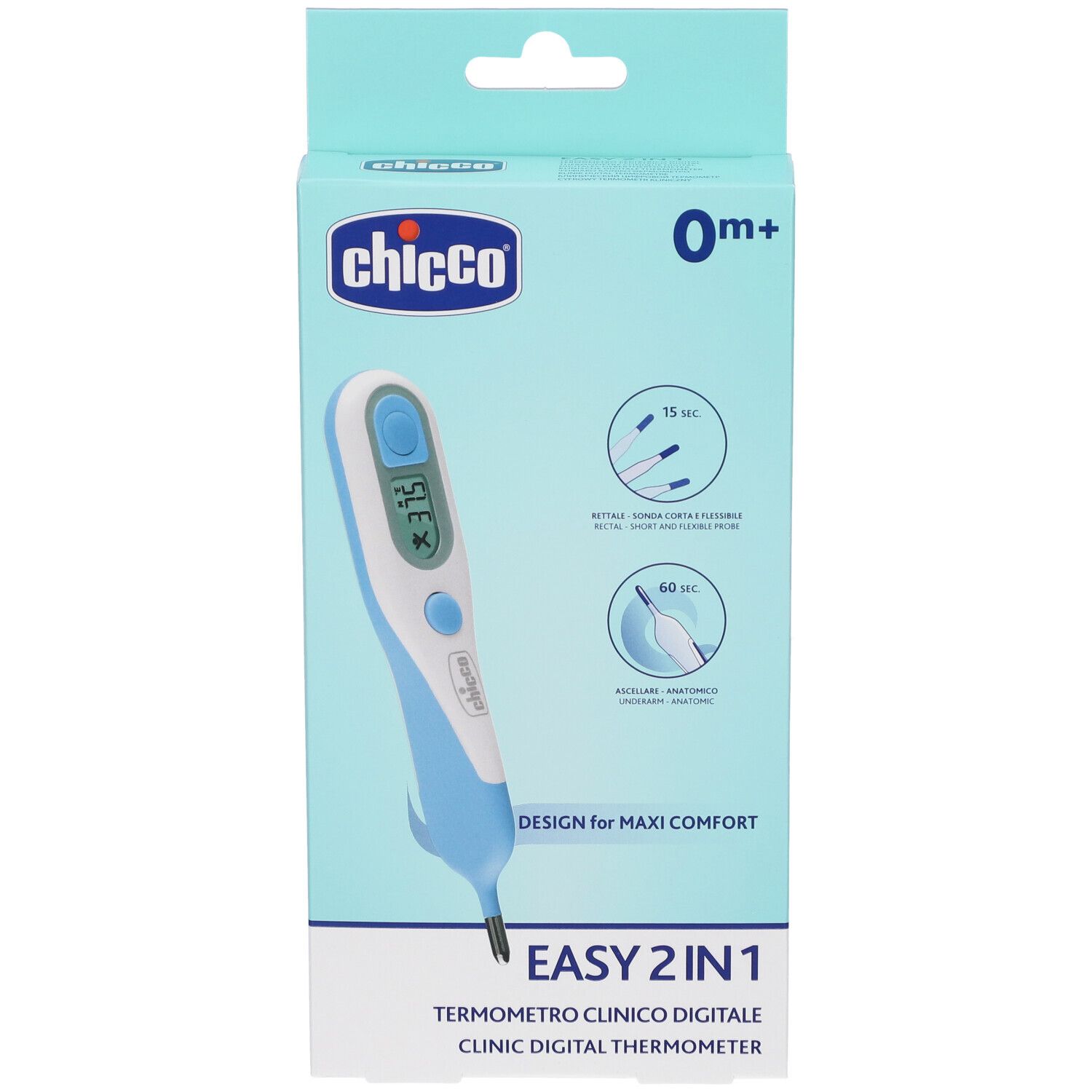 Confezione termometro digitale Chicco Easy 2In1, azzurra, con illustrazione del prodotto.