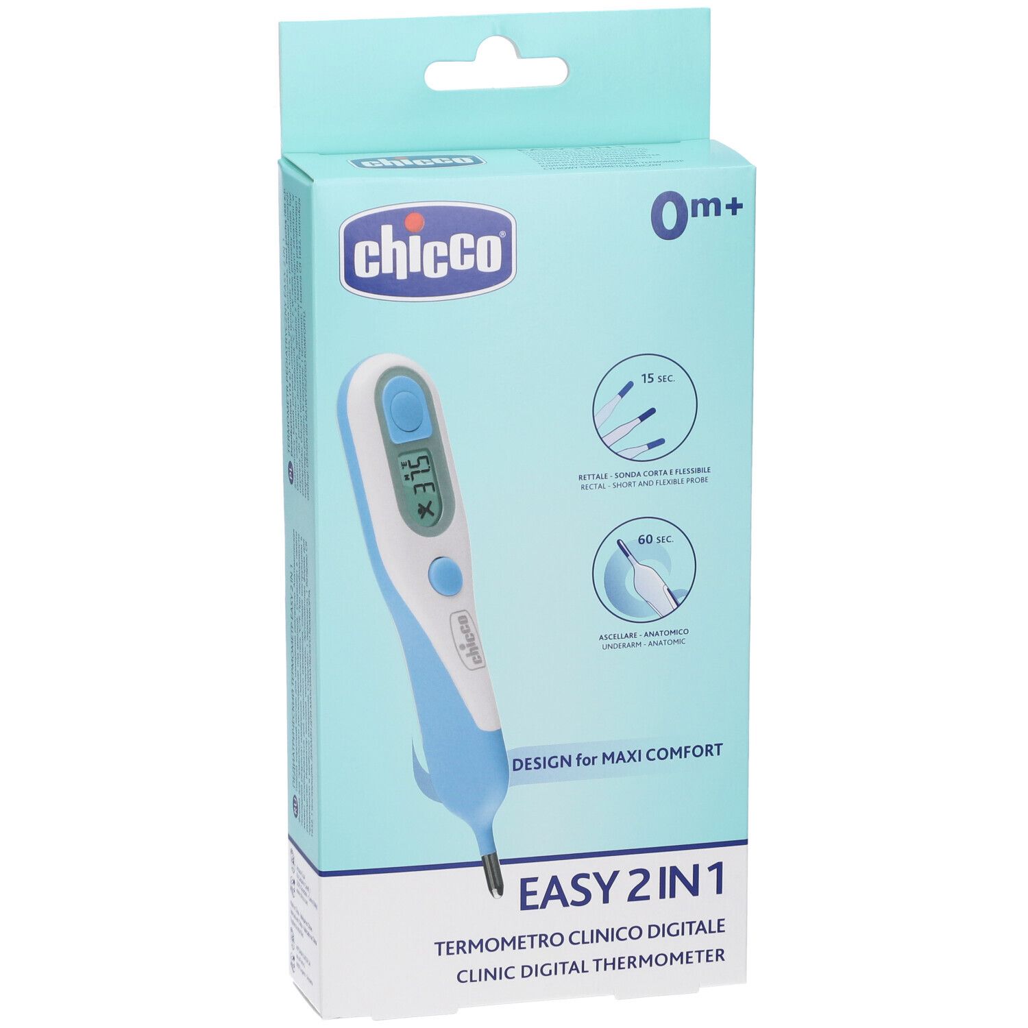 Confezione termometro digitale Chicco Easy 2In1, azzurra, con illustrazione del prodotto.