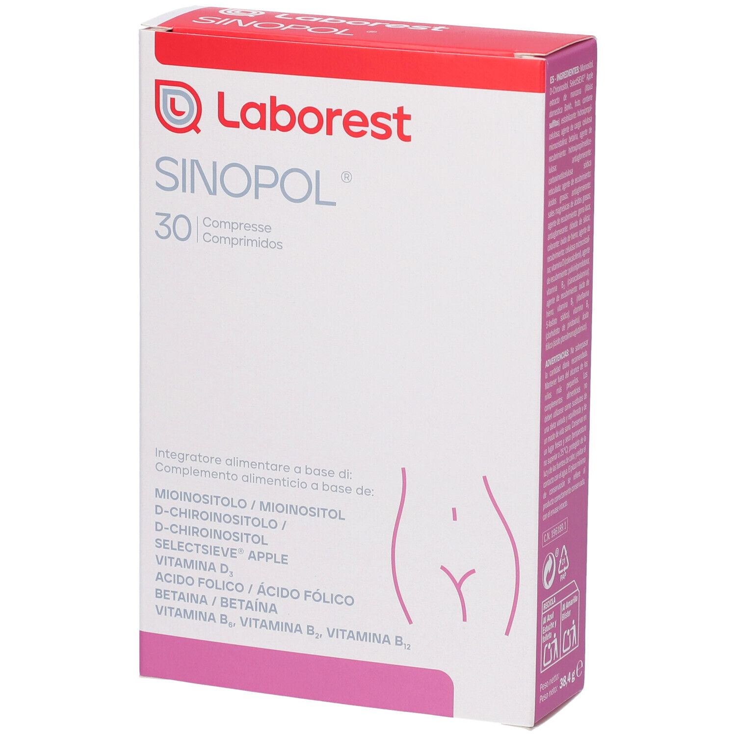 Confezione del prodotto, vista frontale. Contiene 30 compresse. Confezione rosa e bianca con nome e logo del prodotto.