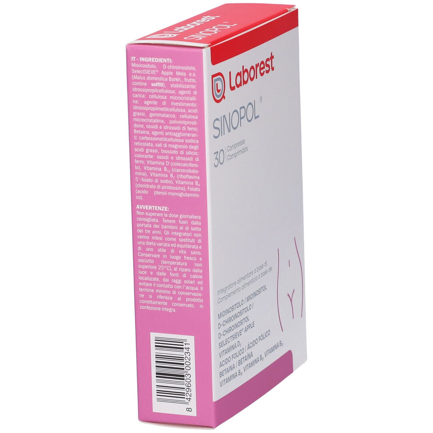 Confezione del prodotto, vista laterale. Contiene 30 compresse. Confezione rosa e bianca con nome e logo del prodotto.