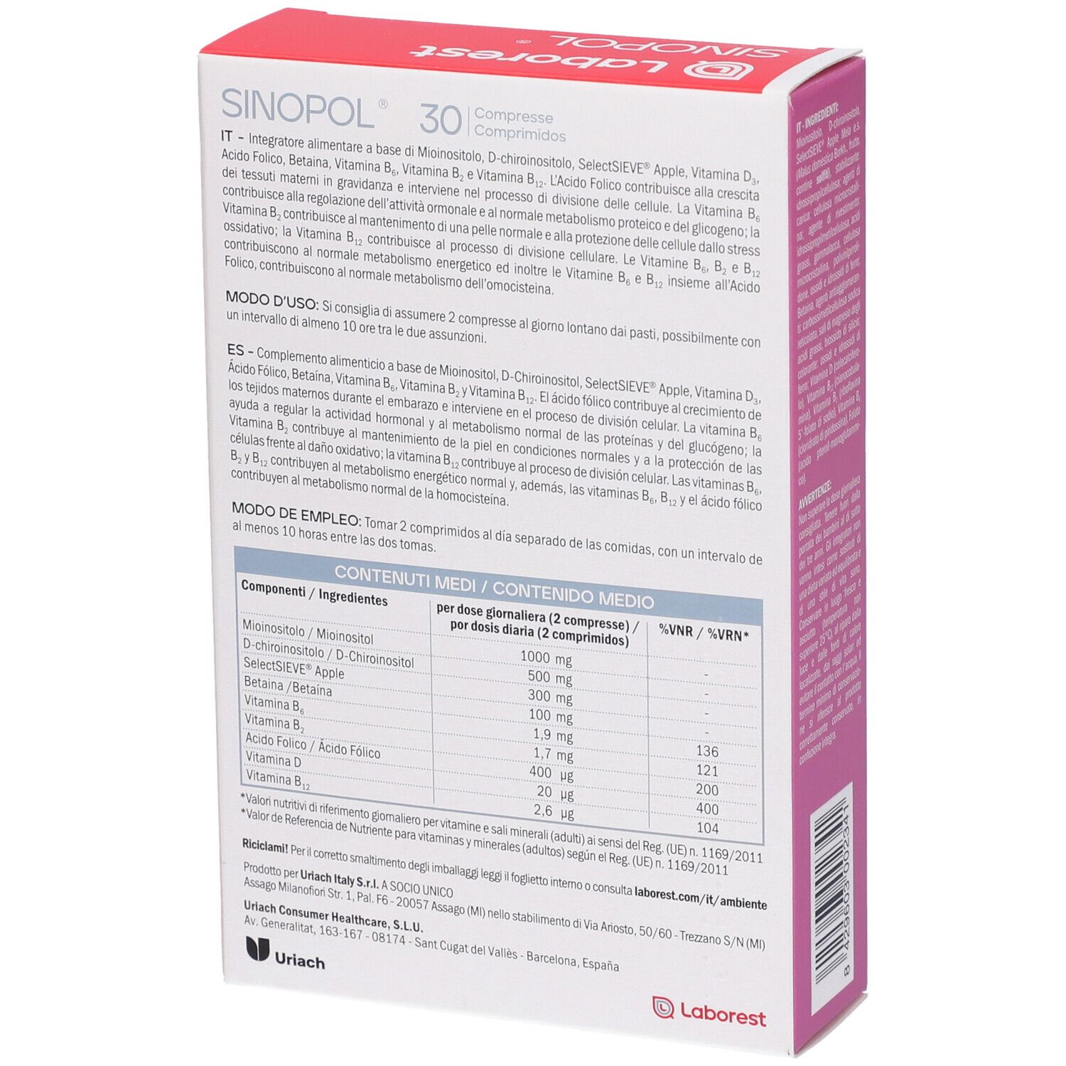 Confezione del prodotto, vista posteriore. Contiene 30 compresse. Confezione rosa e bianca con elenco ingredienti e informazioni nutrizionali.
