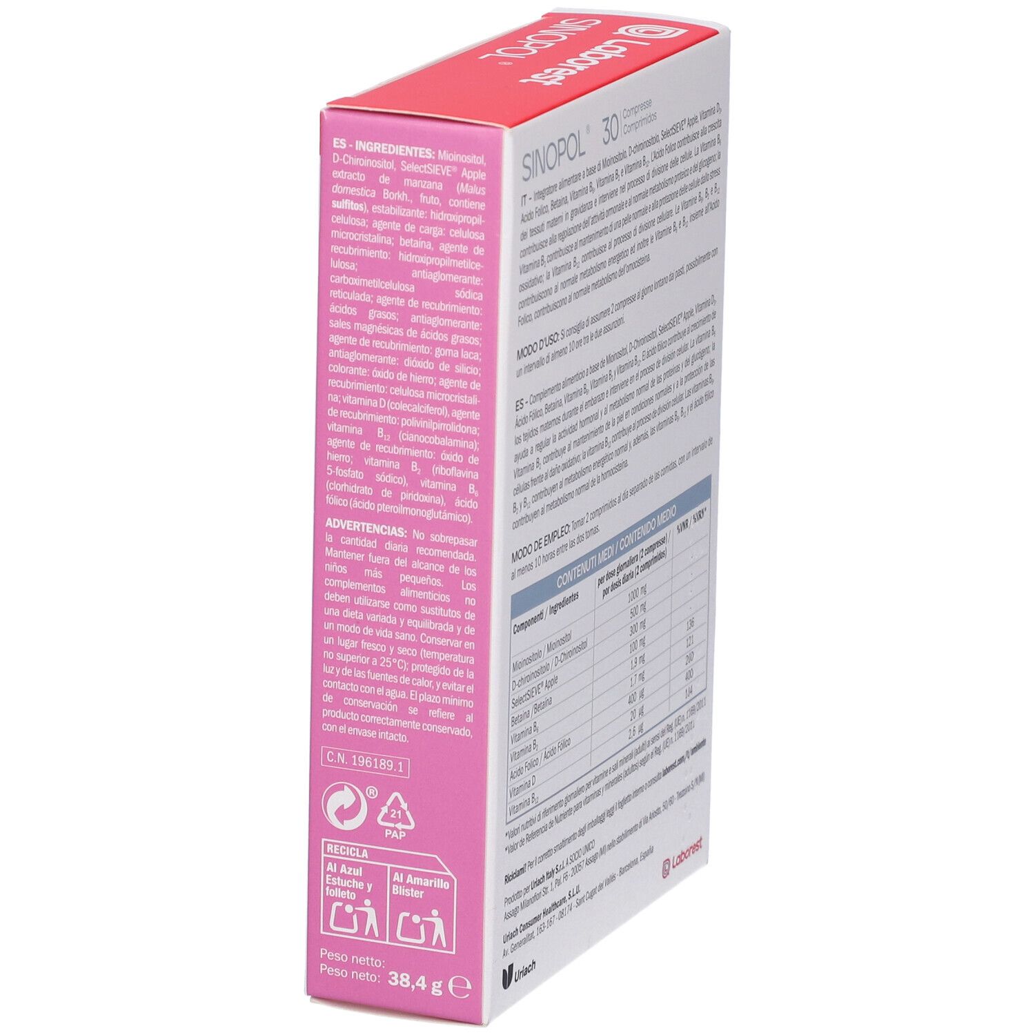 Confezione del prodotto, vista laterale obliqua. Contiene 30 compresse. Confezione rosa e bianca con testo e loghi.