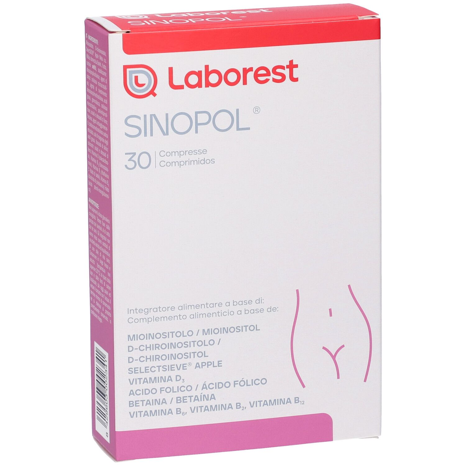 Confezione del prodotto, vista frontale. Contiene 30 compresse. Confezione rosa e bianca con nome e logo del prodotto.