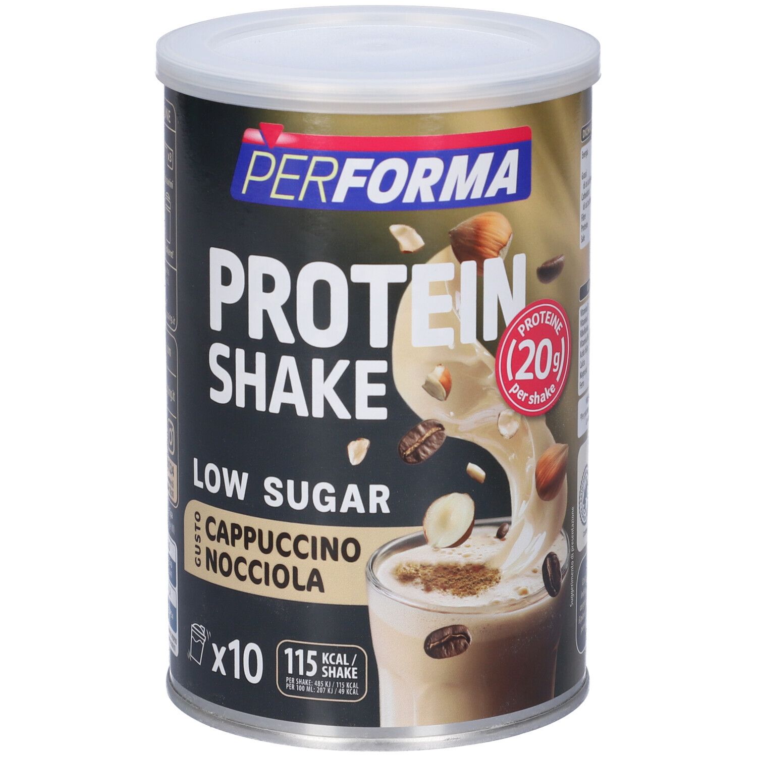 Lattina Performa Protein Shake Cappuccino Nocciola. Scritta: Protein Shake, Low Sugar, Cappuccino Nocciola. 10 porzioni.
