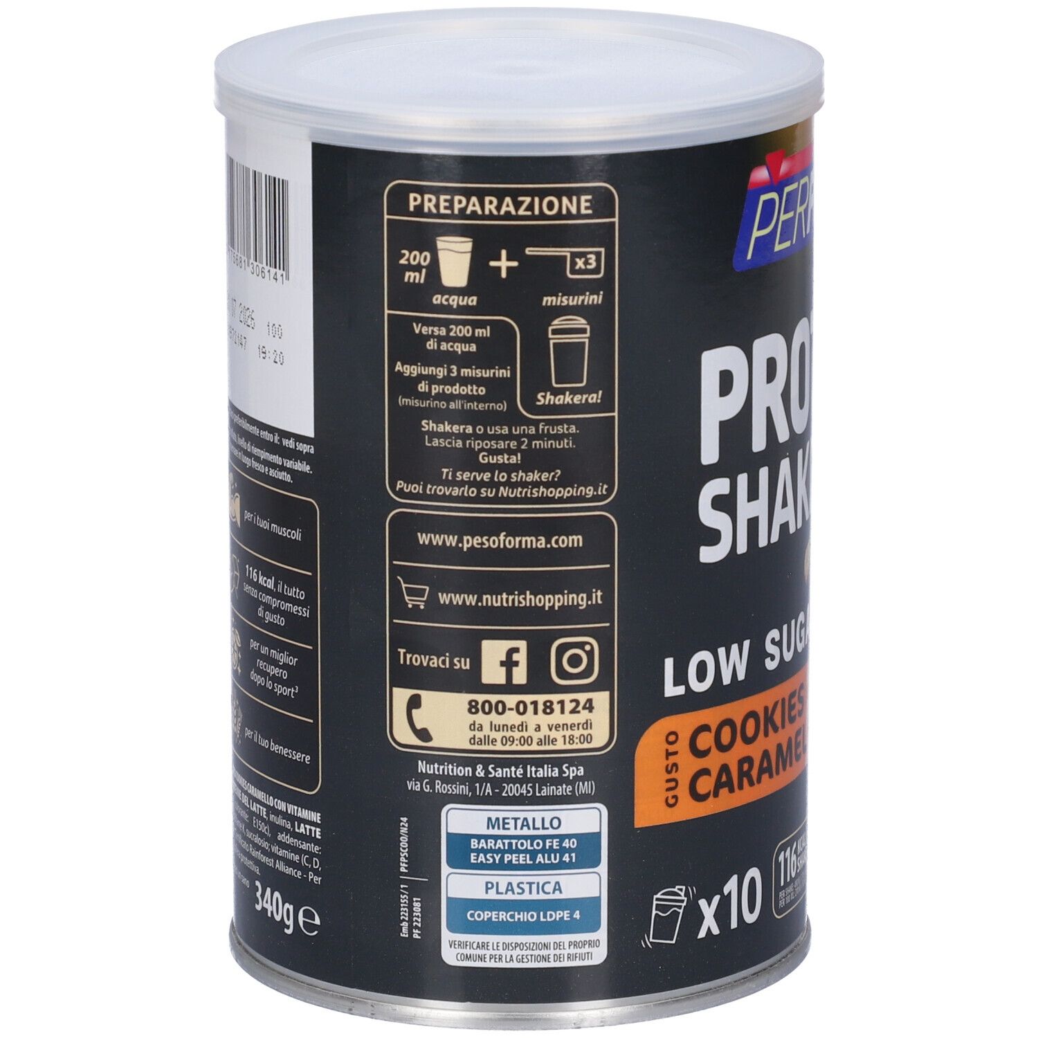 Retro del barattolo Performa Protein Shake. Contiene istruzioni per la preparazione e informazioni nutrizionali. Testo in italiano.