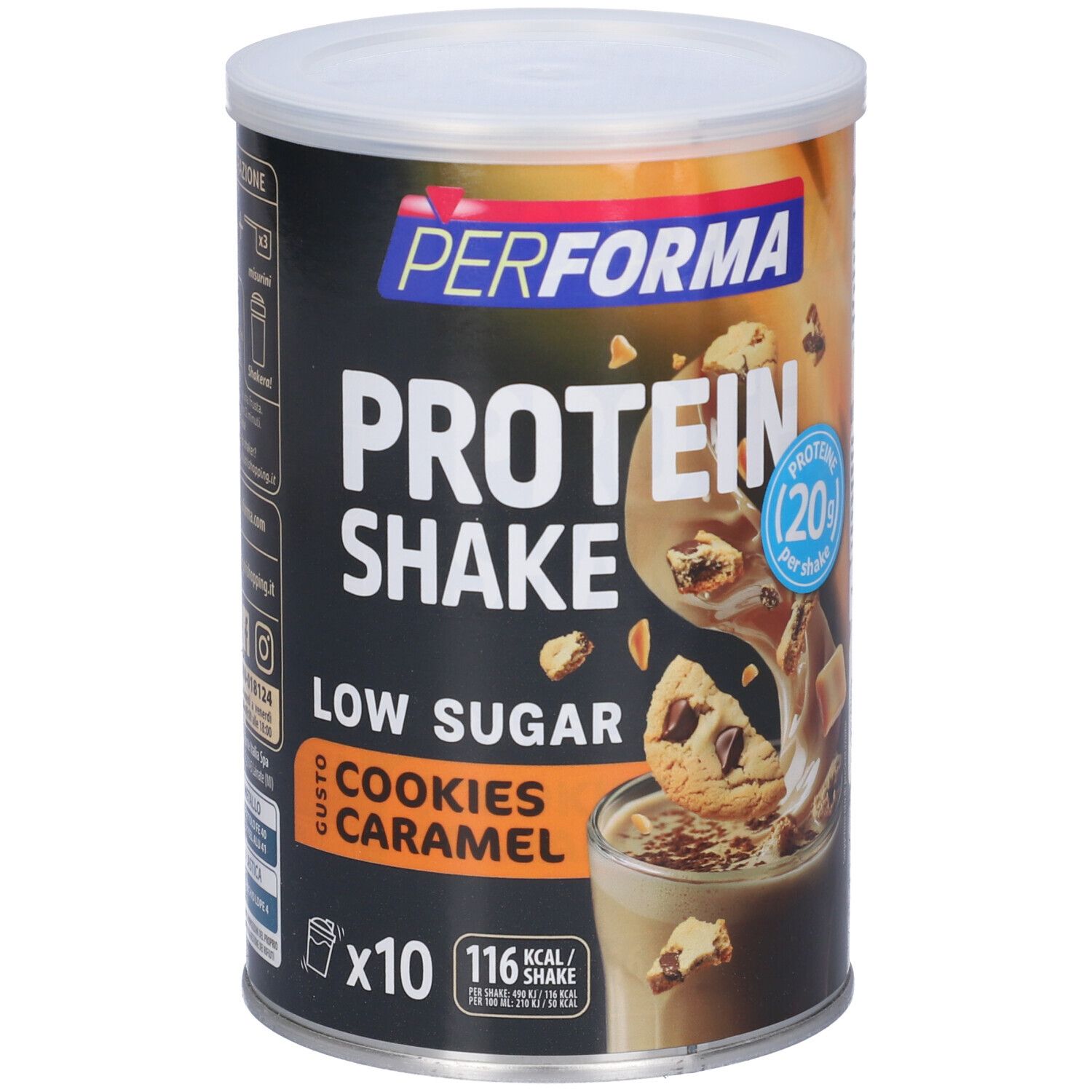 Barattolo Performa Protein Shake, Cookies Caramel. Scritta: Protein Shake, Low Sugar. Immagine di uno shake con biscotti.