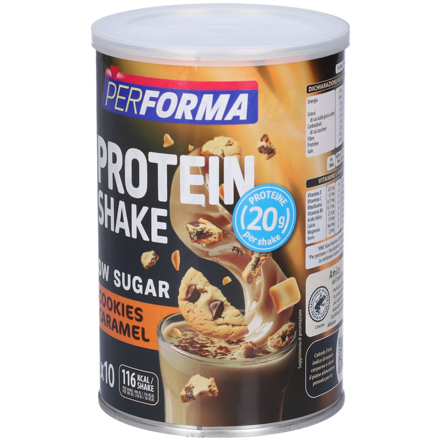 Barattolo Performa Protein Shake, Cookies Caramel. Scritta: Protein Shake, Low Sugar. Immagine di uno shake con biscotti.