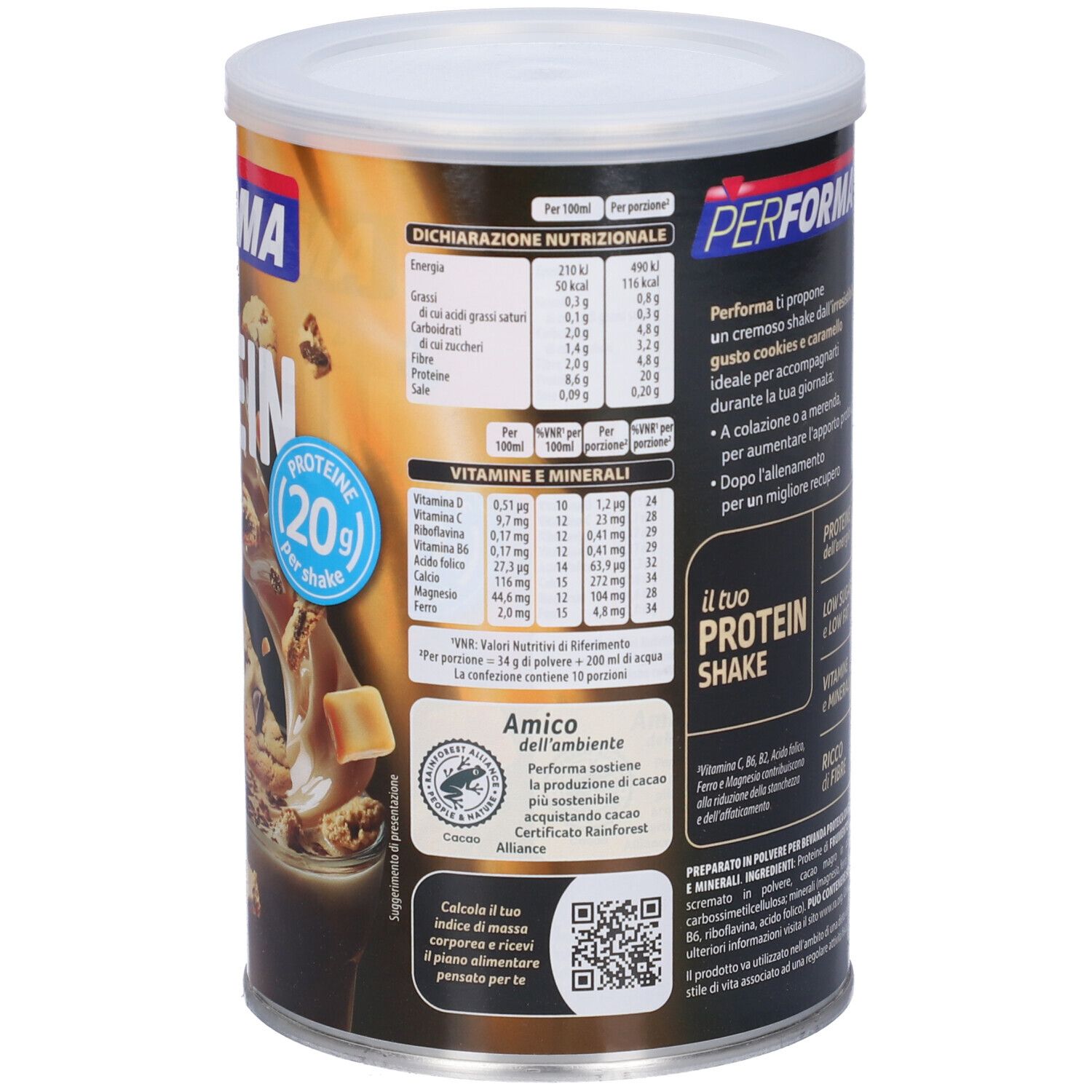 Retro del barattolo Performa Protein Shake. Contiene informazioni nutrizionali e certificazioni. Testo in italiano.