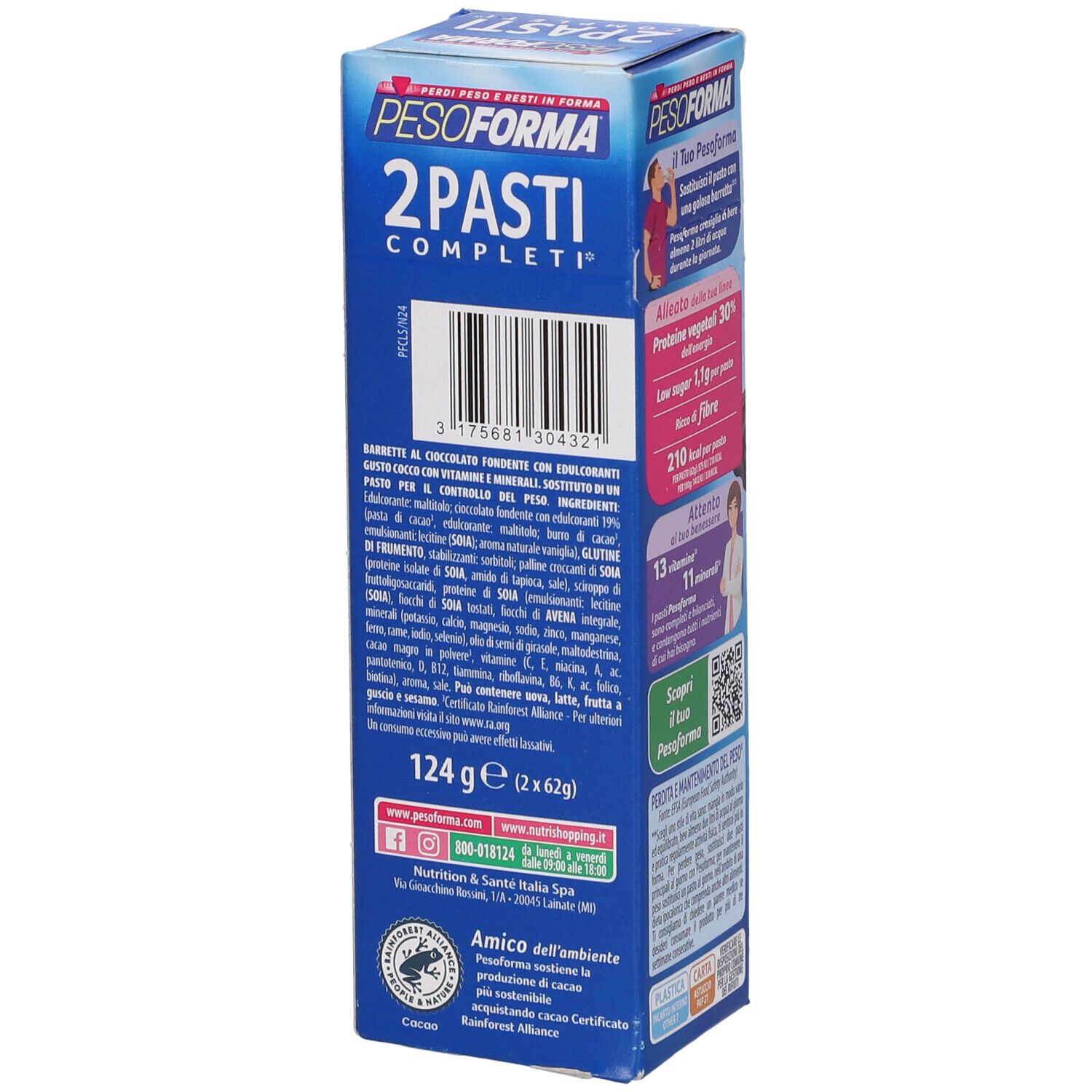 Retro confezione Pesoforma Barrette Pasti Low Sugar Fondente Cocco. Ingredienti e informazioni nutrizionali.