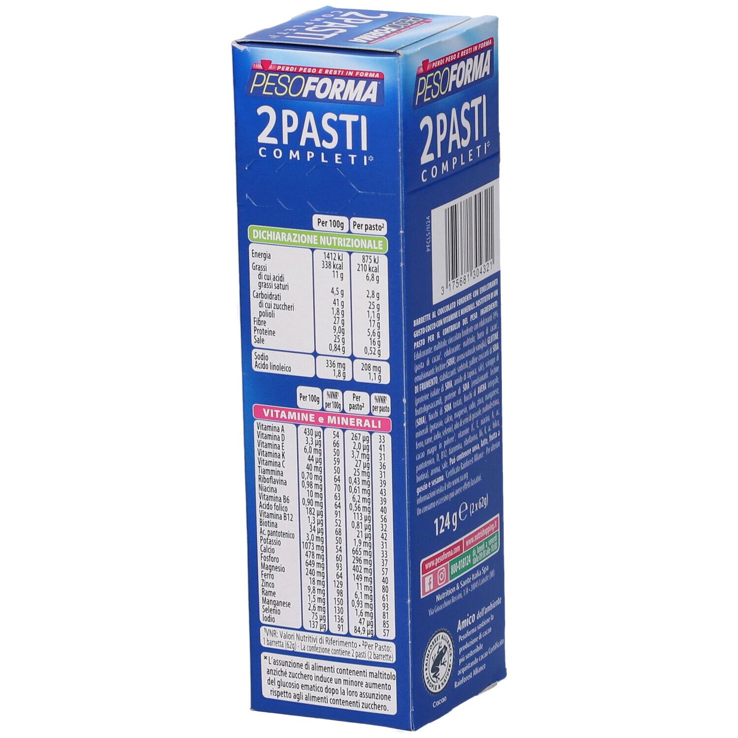 Lato confezione Pesoforma Barrette Pasti Low Sugar Fondente Cocco. Informazioni nutrizionali per porzione.