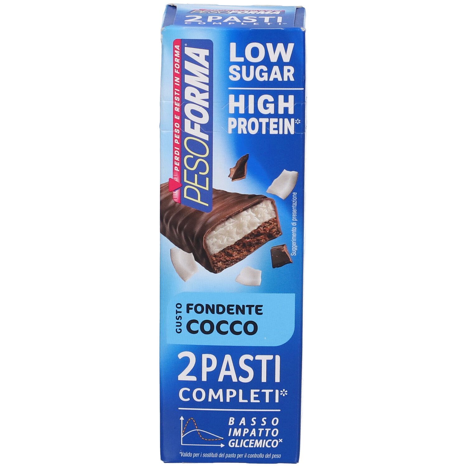 Confezione Pesoforma Barrette Pasti Low Sugar Fondente Cocco. Immagine del prodotto e informazioni.