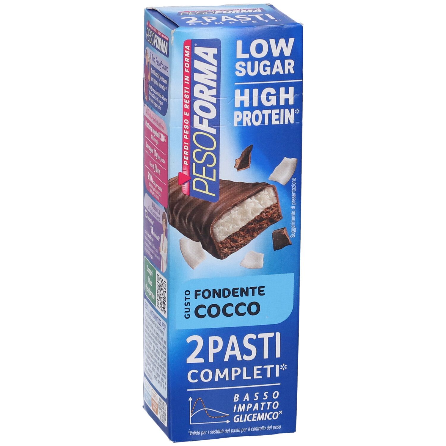 Confezione Pesoforma Barrette Pasti Low Sugar Fondente Cocco. Immagine del prodotto e informazioni.