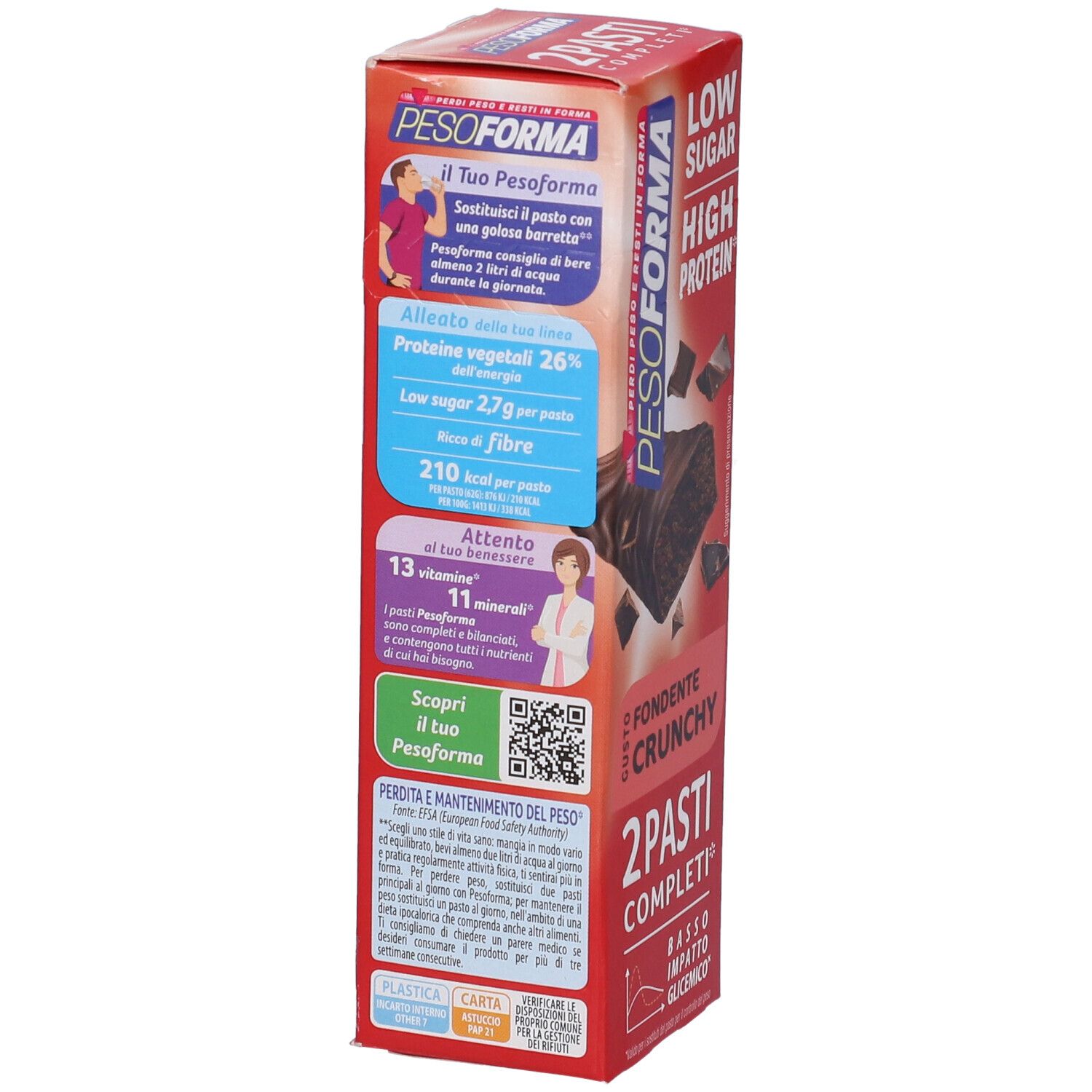 Retro della scatola Pesoforma. Testo: Proteine, Low Sugar, 210 kcal. Illustrazioni di donna. Codice QR. Testo: 13 vitamine, 11 minerali.