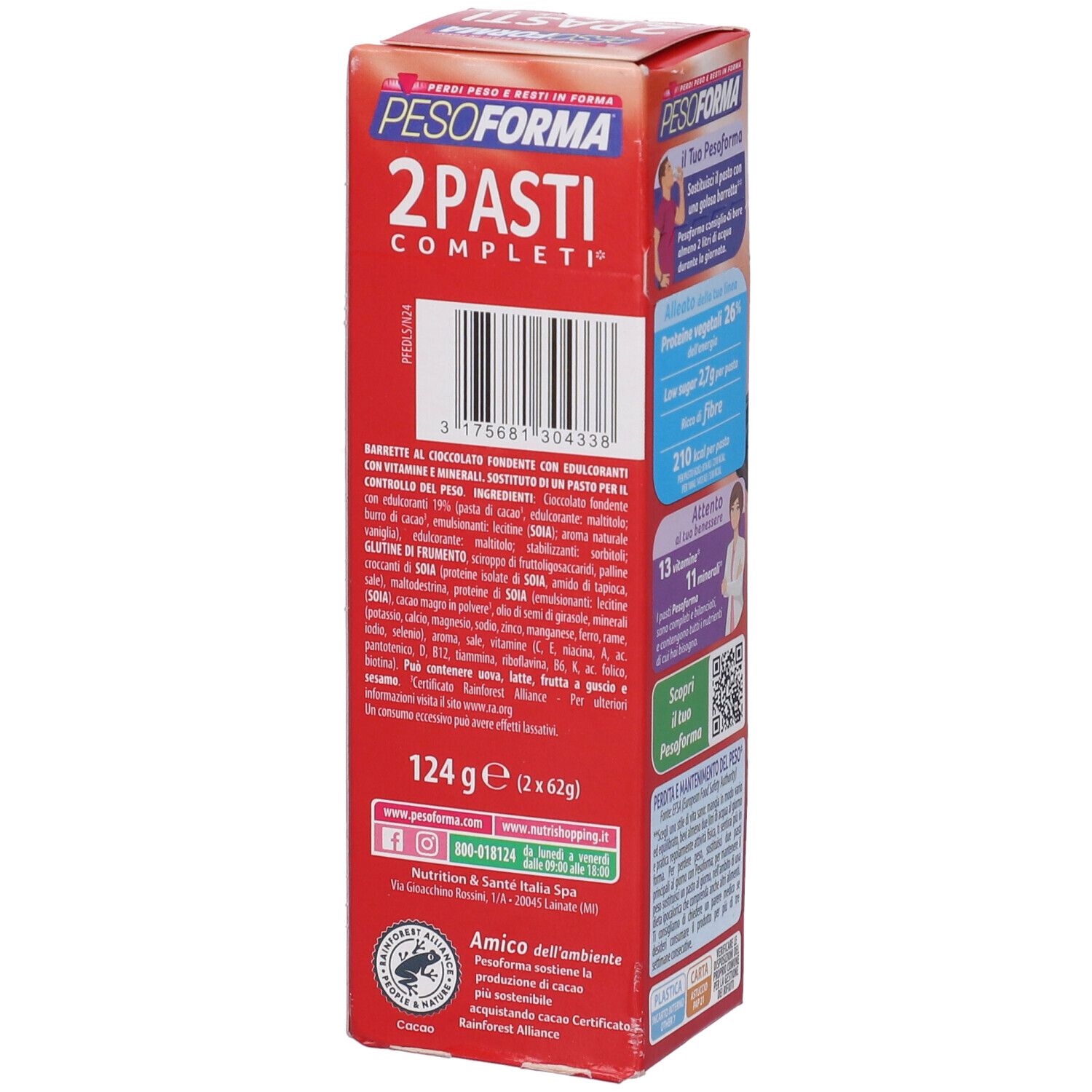Retro della scatola Pesoforma. Testo: 124g (2x62g). Elenco ingredienti. Testo: Barrette al cioccolato fondente con edulcoranti.