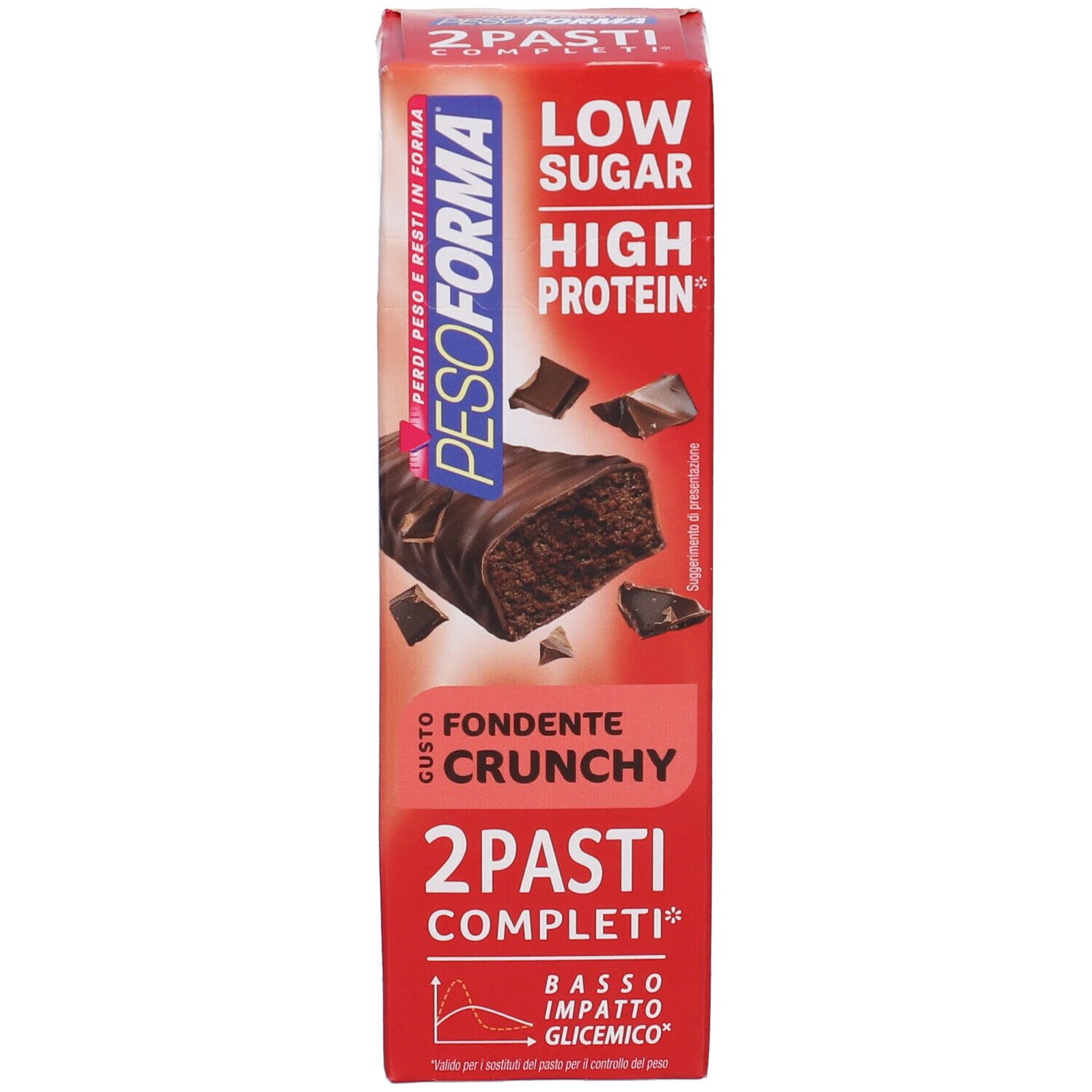 Scatola Pesoforma Barrette Pasti Low Sugar Fondente Crunchy. Barrette con pezzi di cioccolato. Testo: Low Sugar, High Protein, 2 Pasti Completi.