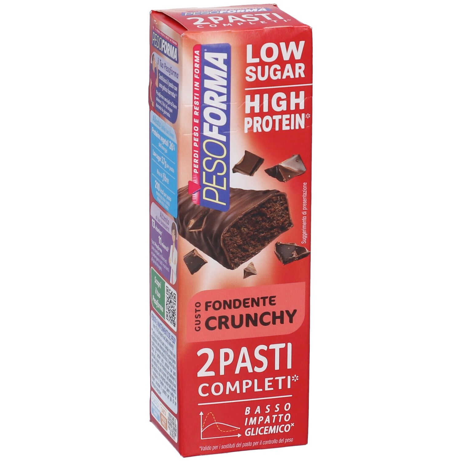 Scatola Pesoforma Barrette Pasti Low Sugar Fondente Crunchy. Barrette con pezzi di cioccolato. Testo: Low Sugar, High Protein, 2 Pasti Completi.