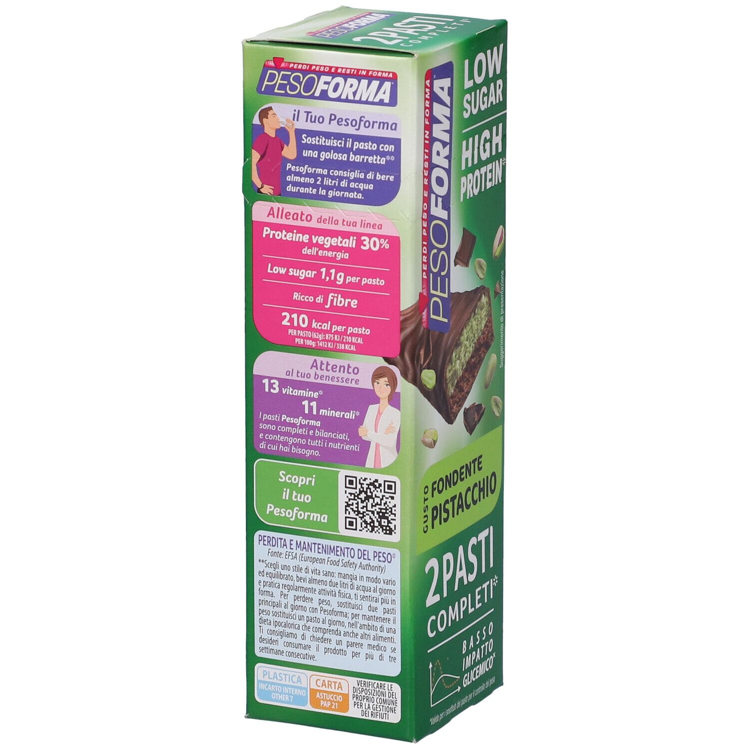 Scatola verde Pesoforma. Informazioni su proteine, fibre e calorie. Codice QR.