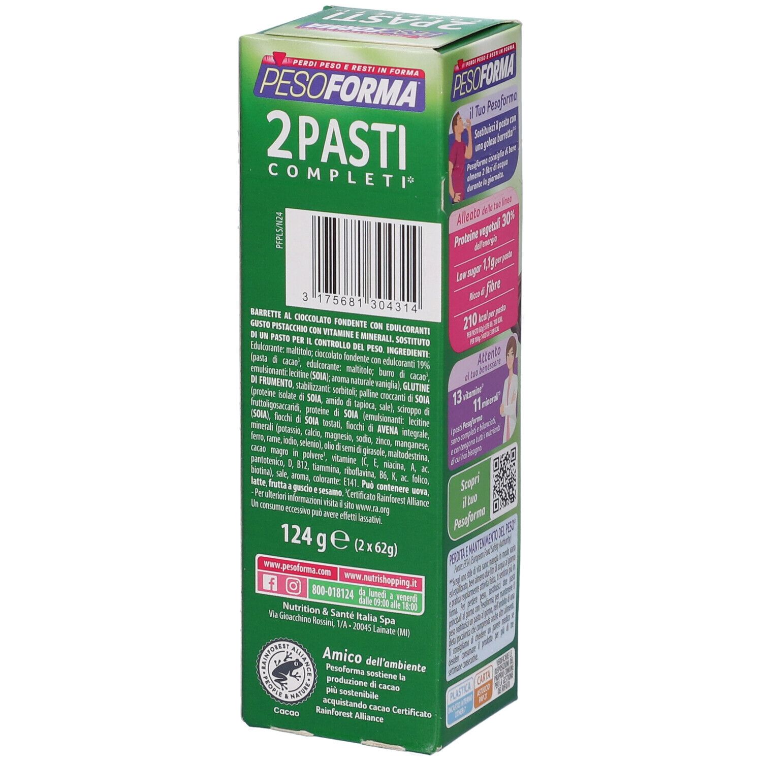 Scatola verde Pesoforma. Informazioni nutrizionali e lista ingredienti. Peso: 124g.
