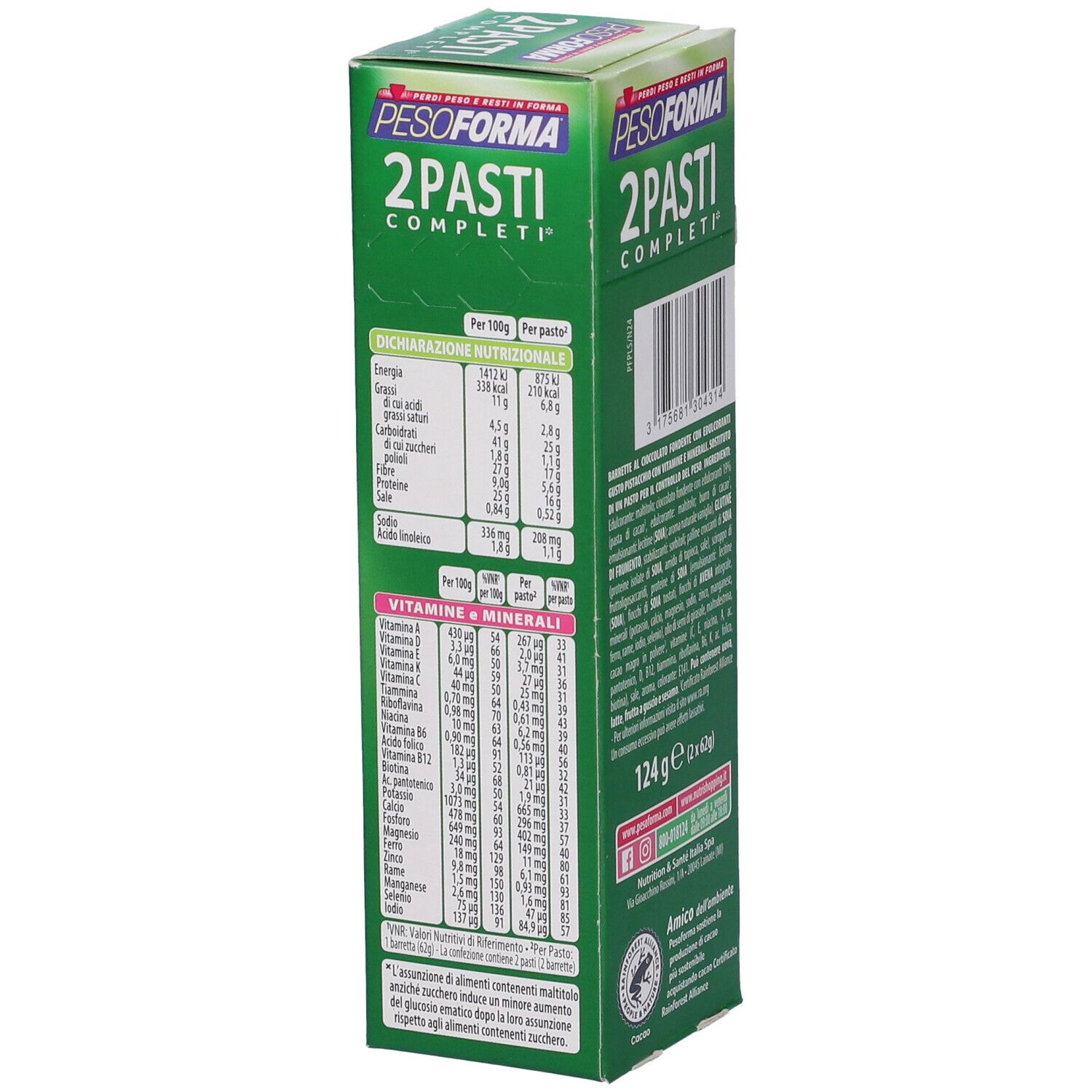 Scatola verde Pesoforma. Tabella nutrizionale per 100g e per porzione. Contiene vitamine e minerali.