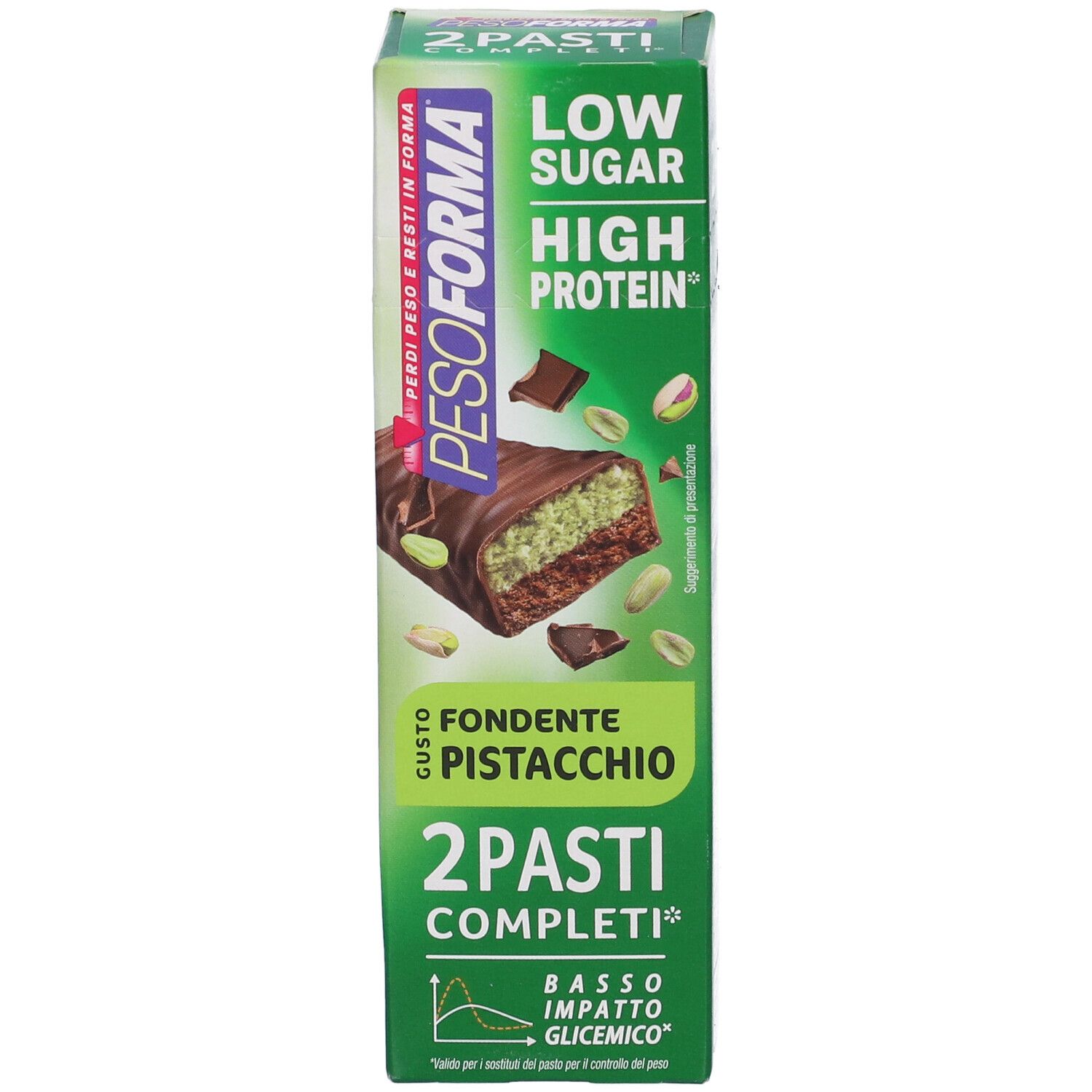 Scatola verde Pesoforma. Barrette gusto pistacchio. Scritte Low Sugar e High Protein.