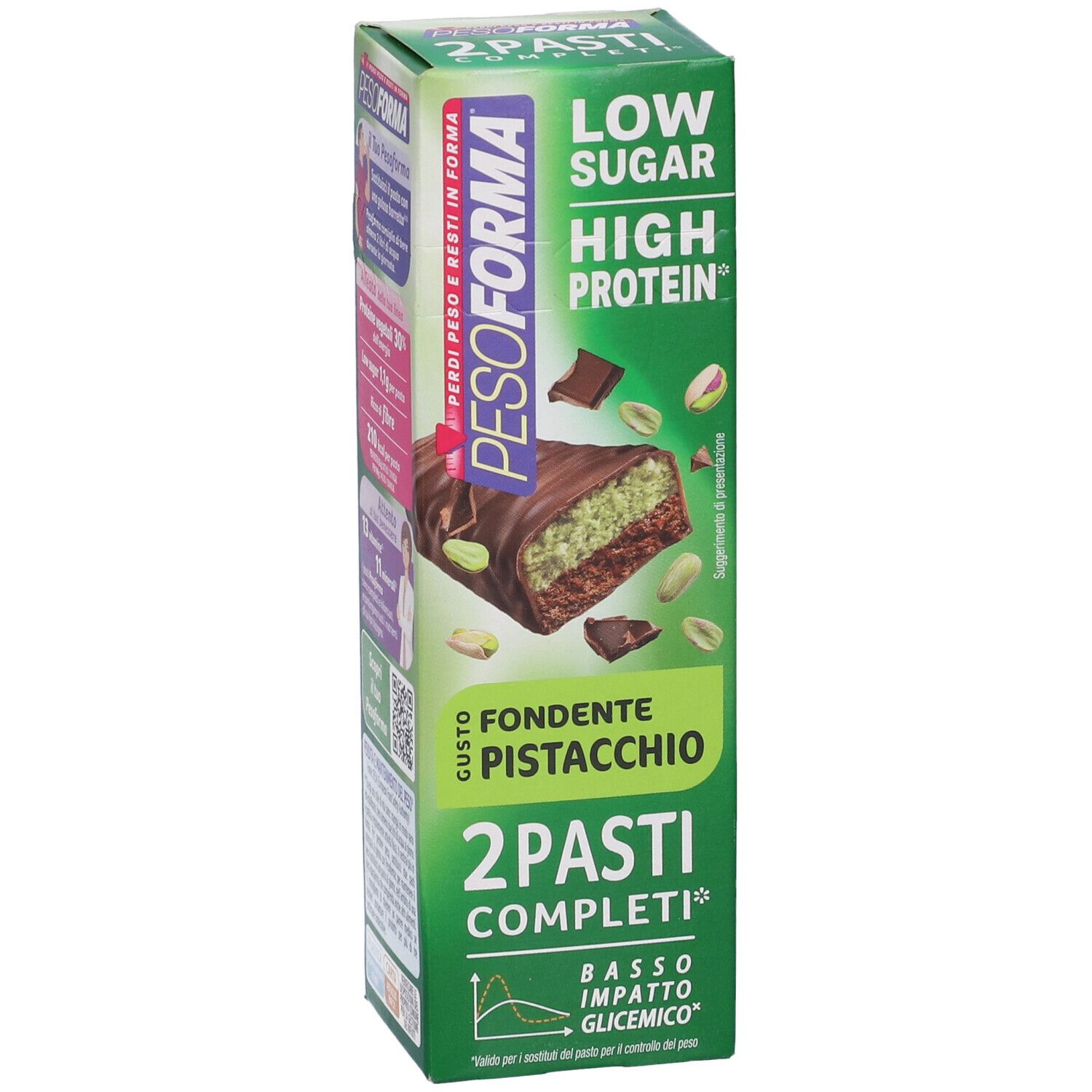 Scatola verde Pesoforma. Barrette gusto pistacchio. Scritte Low Sugar e High Protein.