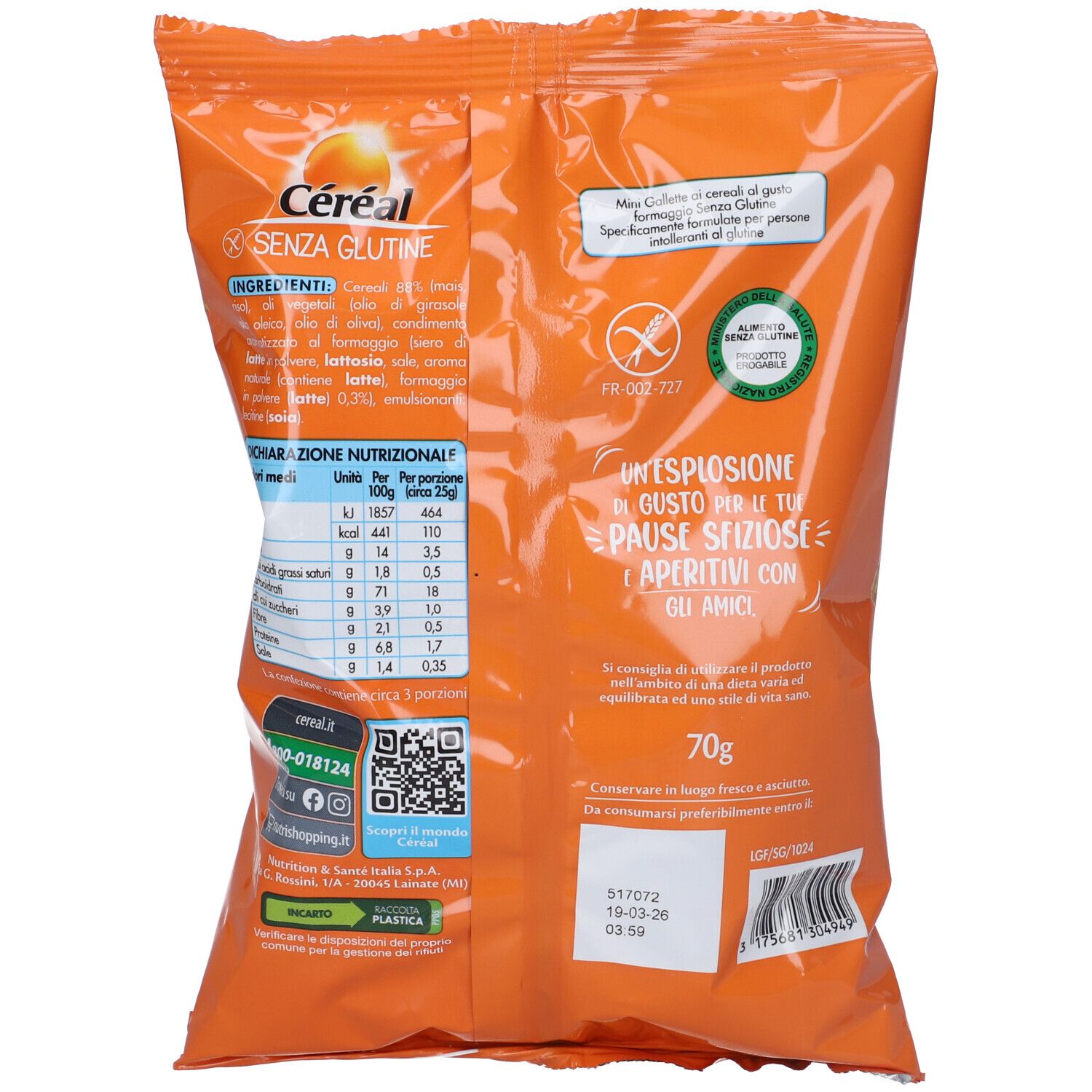 Retro della confezione Cereal Le Gallettine Gusto Formaggio. Ingredienti, valori nutrizionali, sigillo senza glutine, 70g.